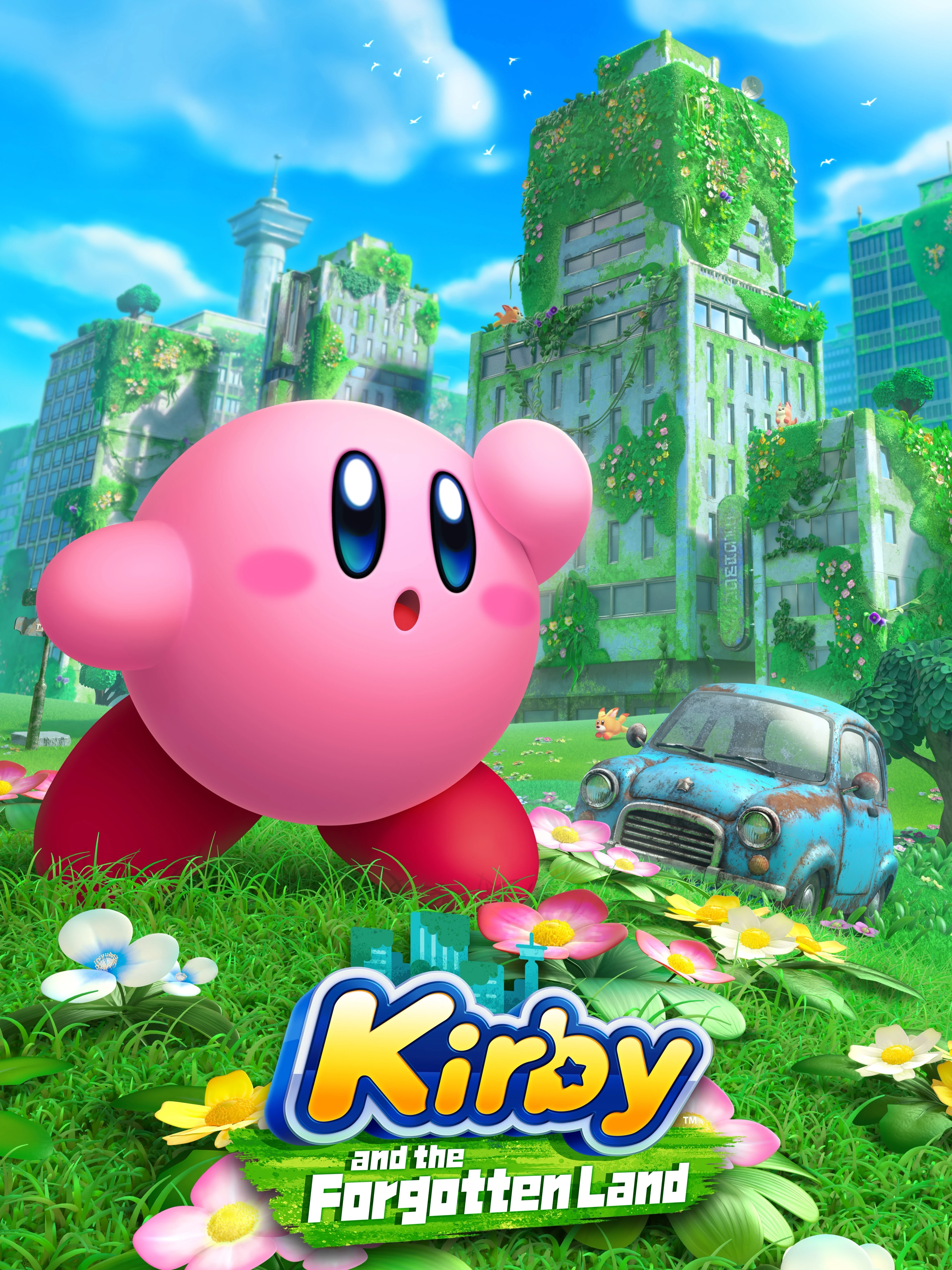 Official Kirby and the Forgotten Land cover showing Kirby in an overgrown city with the title logo.
