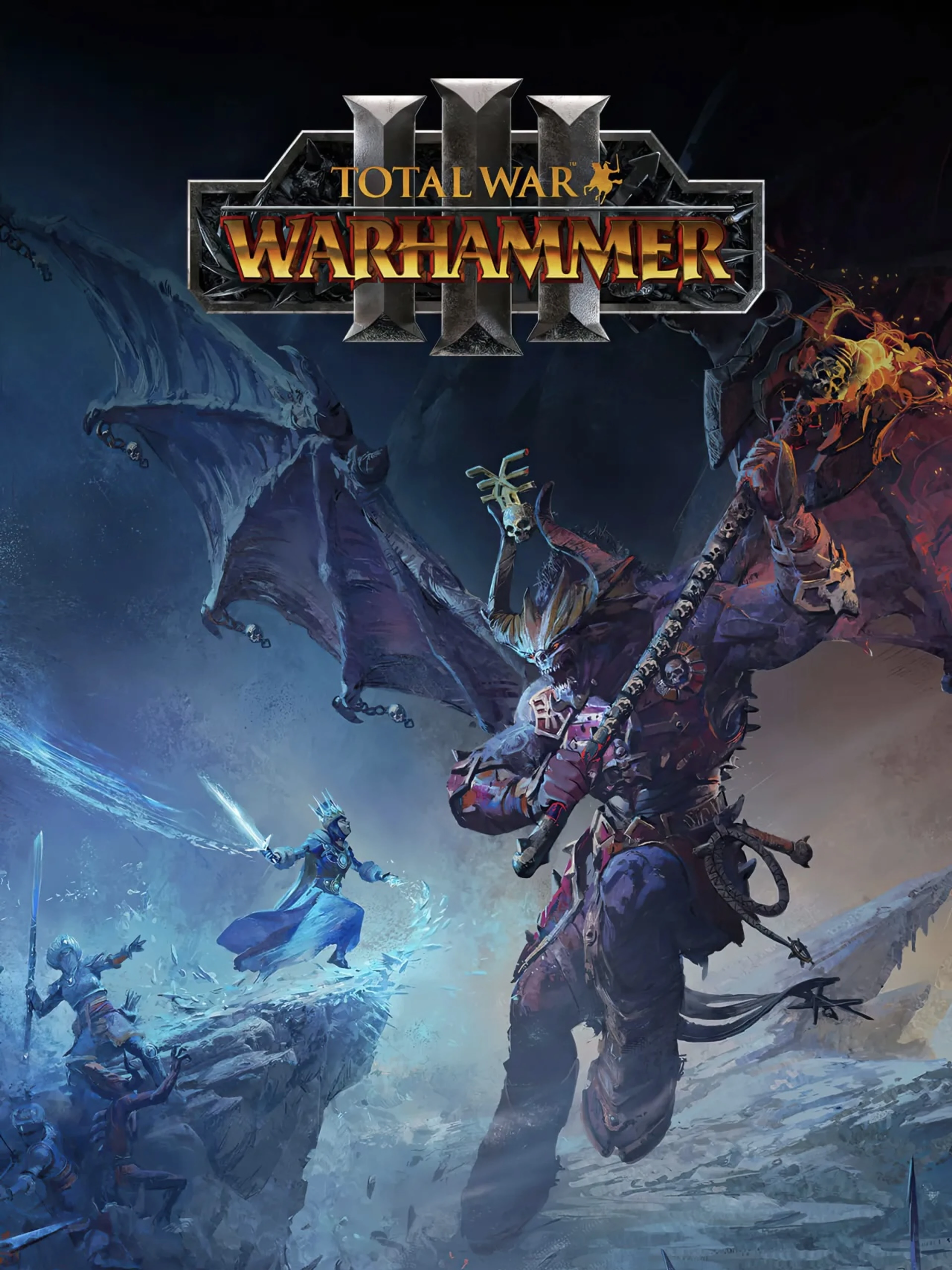 Official Total War: Warhammer III cover with fantasy armies, a dragon, and the game title.