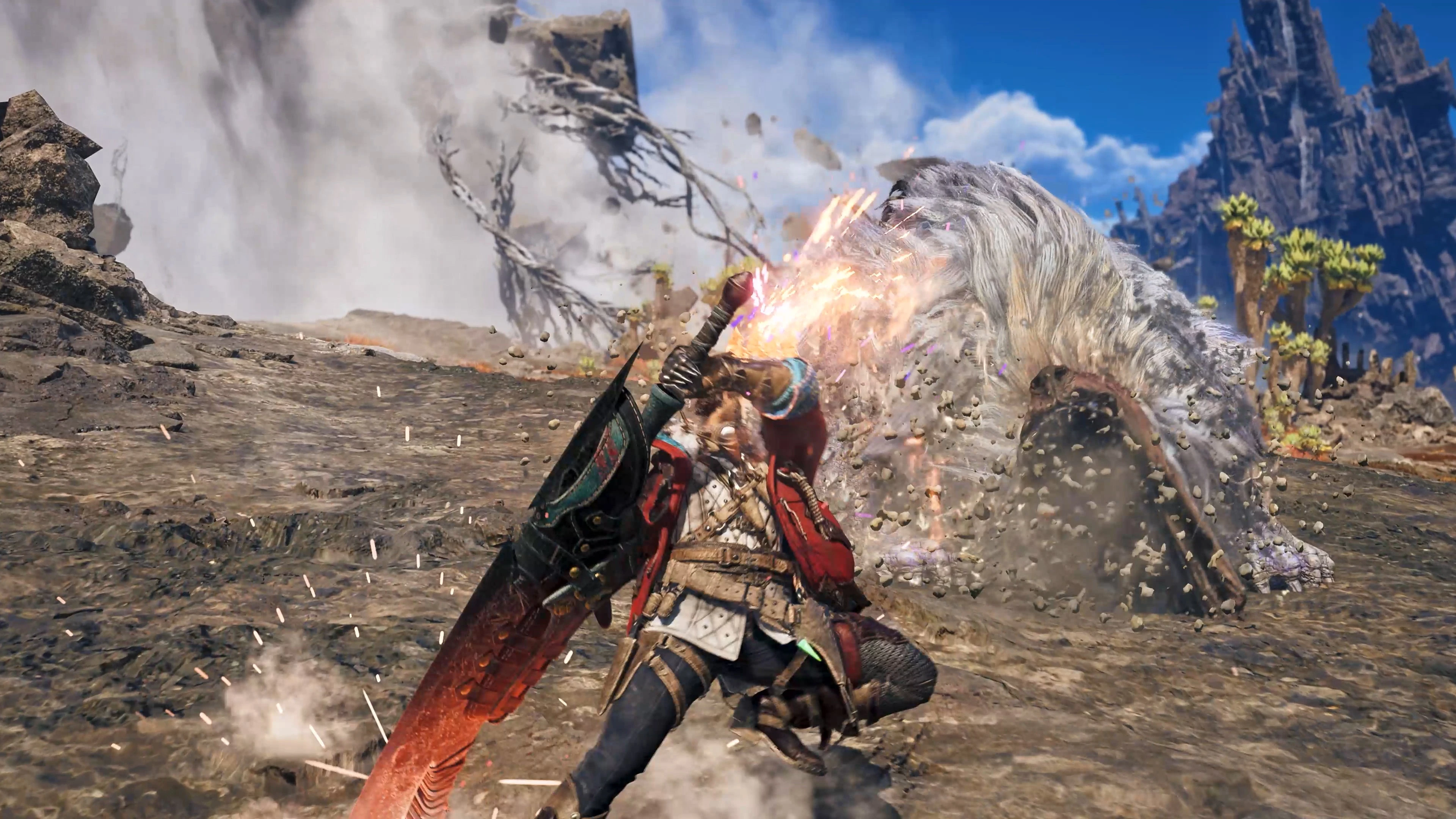 A hunter faces a large white monster during combat in Monster Hunter Wilds: Ascendance.