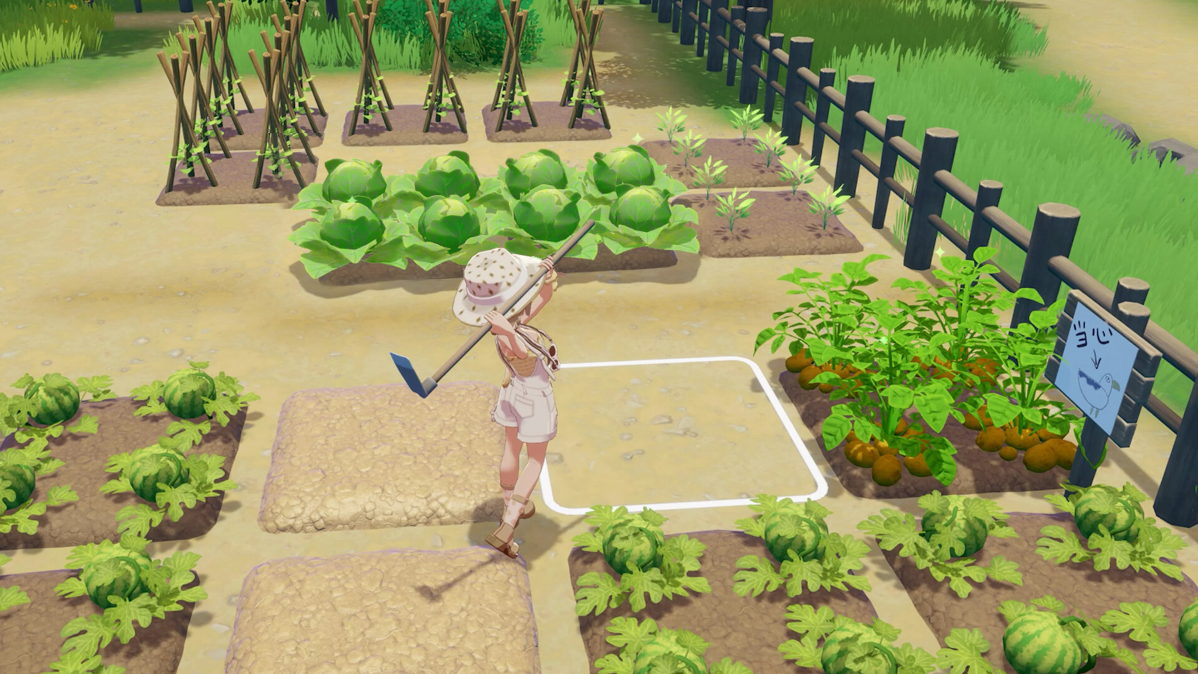 A Starsand Island character working between rows of crops on a sunny farm