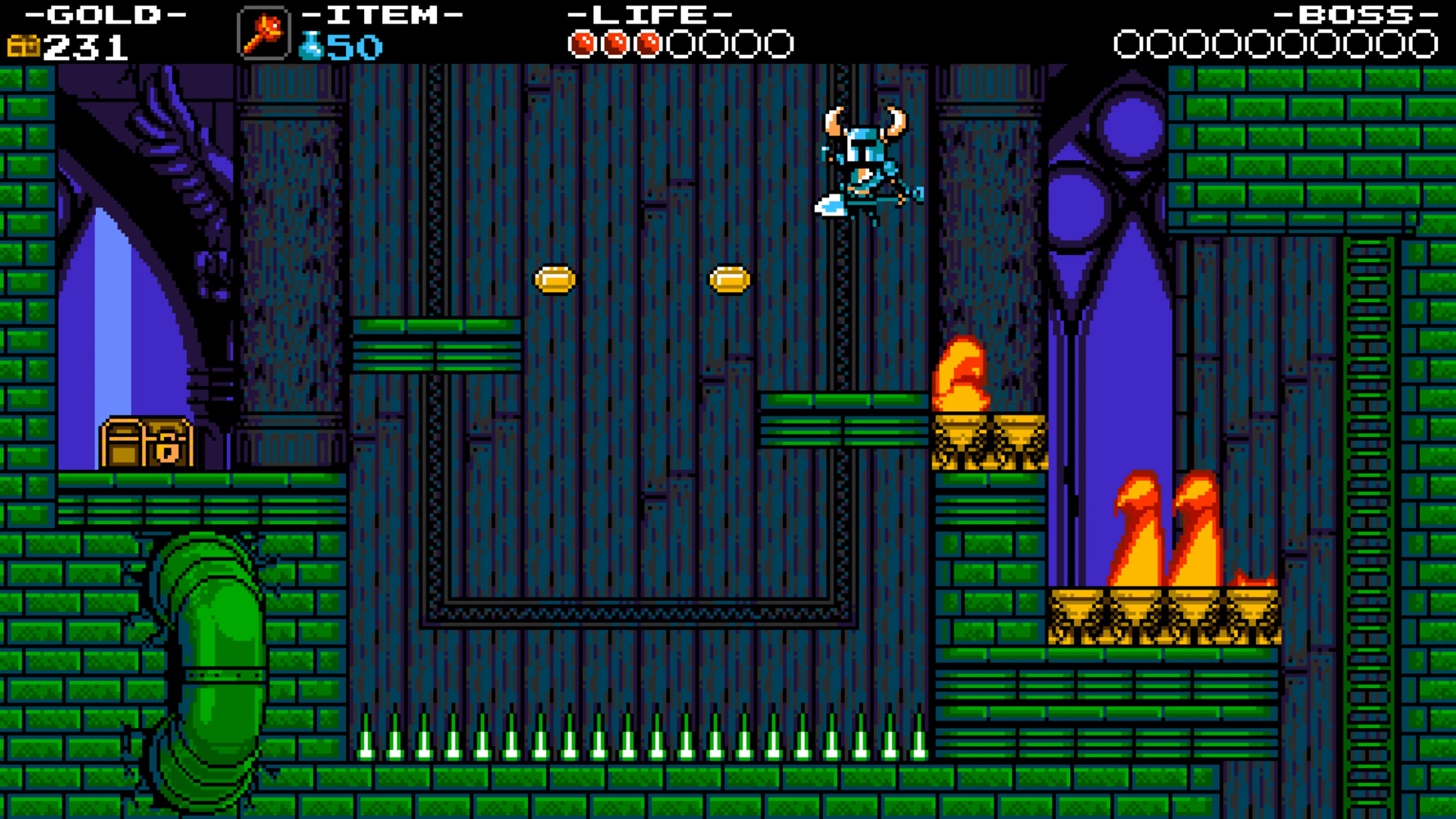 Official later-stage screenshot: Shovel Knight jumps above two narrow green platforms, a small flame, tall flames, a floor of white spikes and a ladder at right.