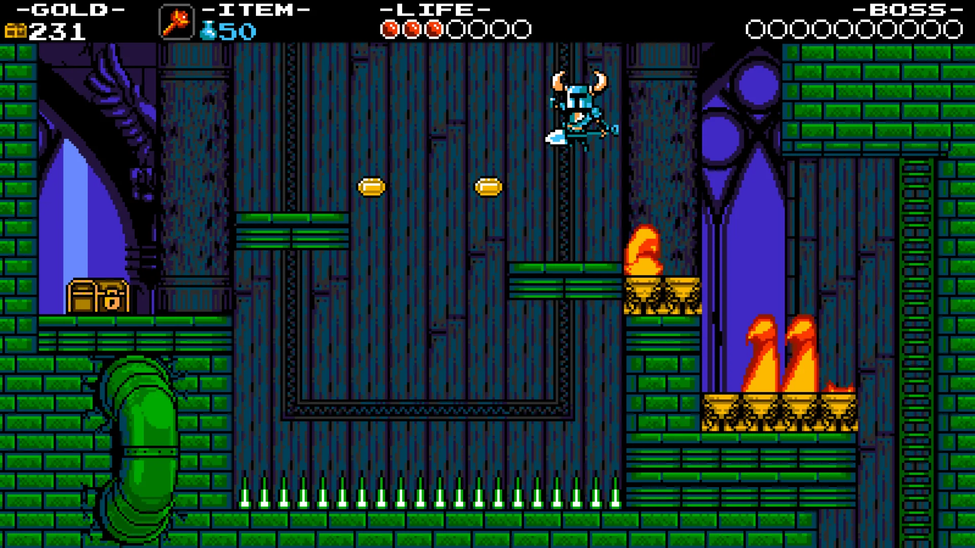 Official later-stage screenshot: Shovel Knight jumps above two narrow green platforms, a small flame, tall flames, a floor of white spikes and a ladder at right.