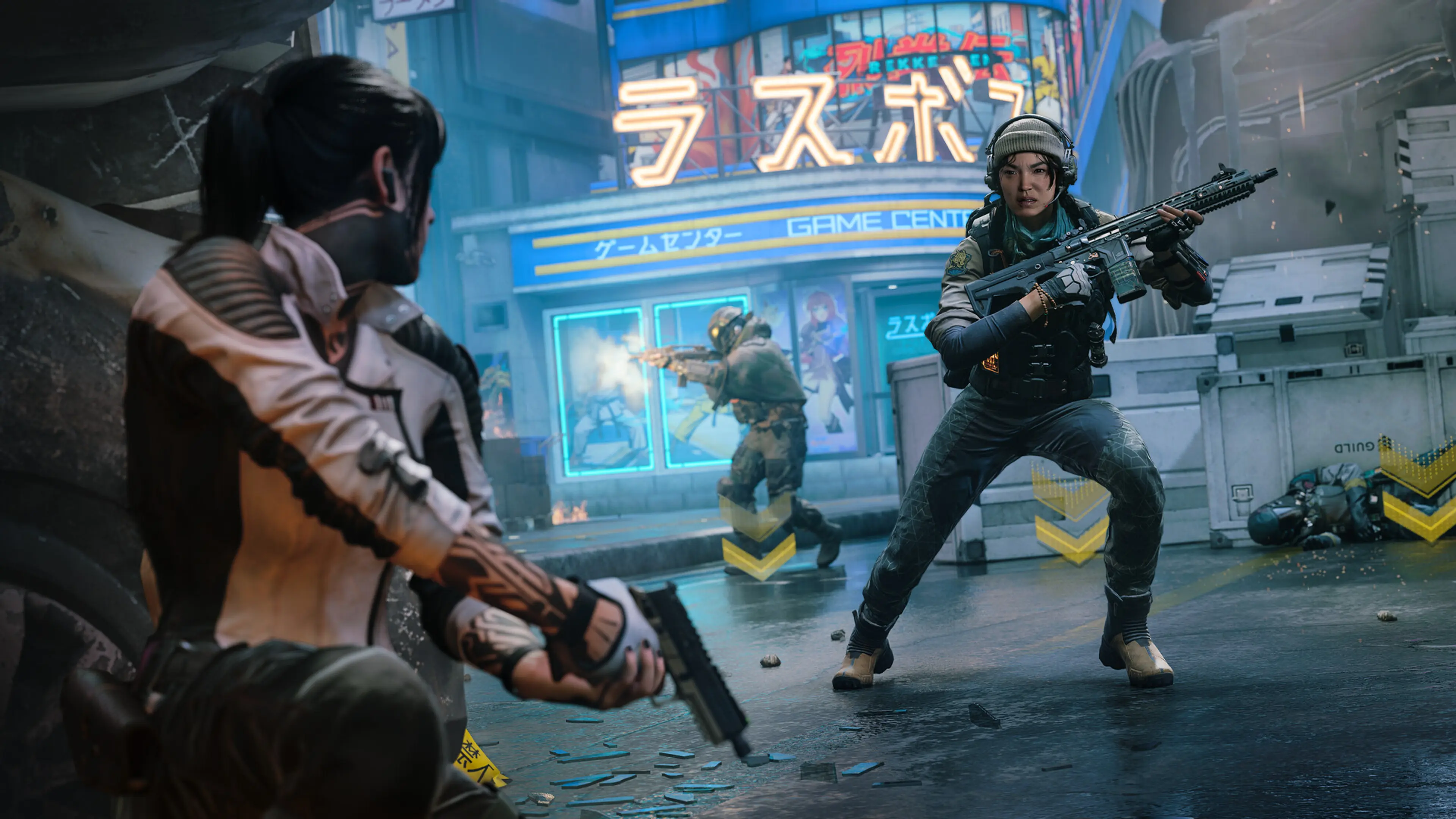 Two operators fight through a rainy neon city in Call of Duty: Black Ops 7.