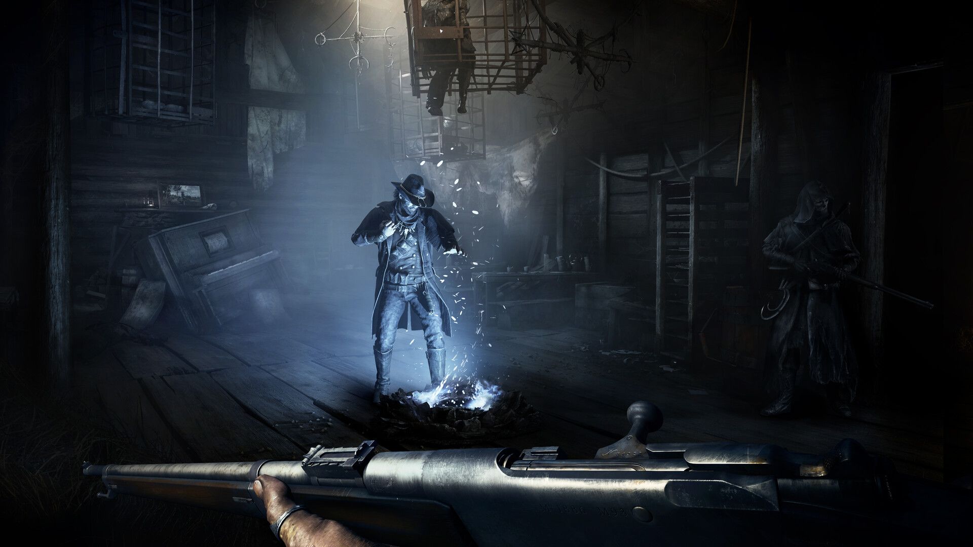 A Hunter aims at a glowing figure inside a wooden building in Hunt Showdown 1896.