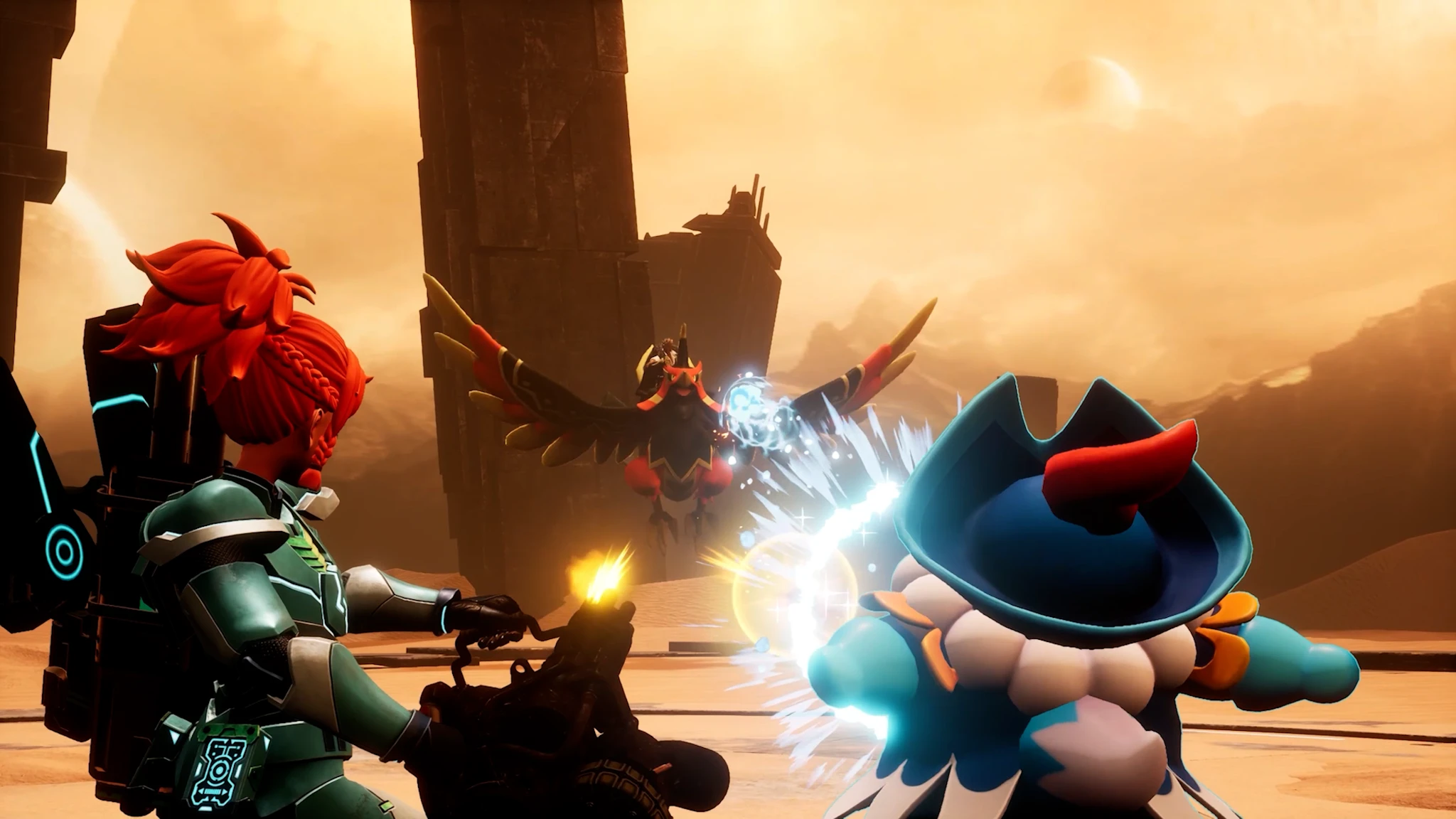A Palworld player and Pal fighting a large enemy near a tower.