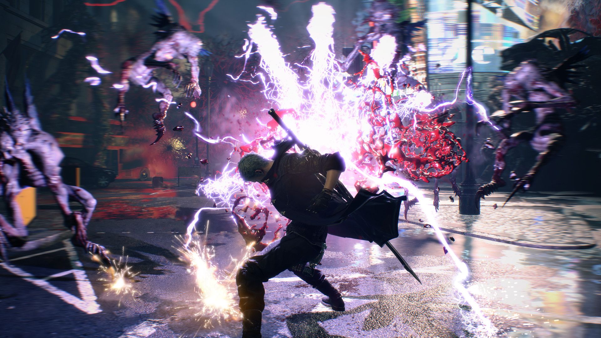 Nero moves through a group of demons as bright electrical effects fill the street.