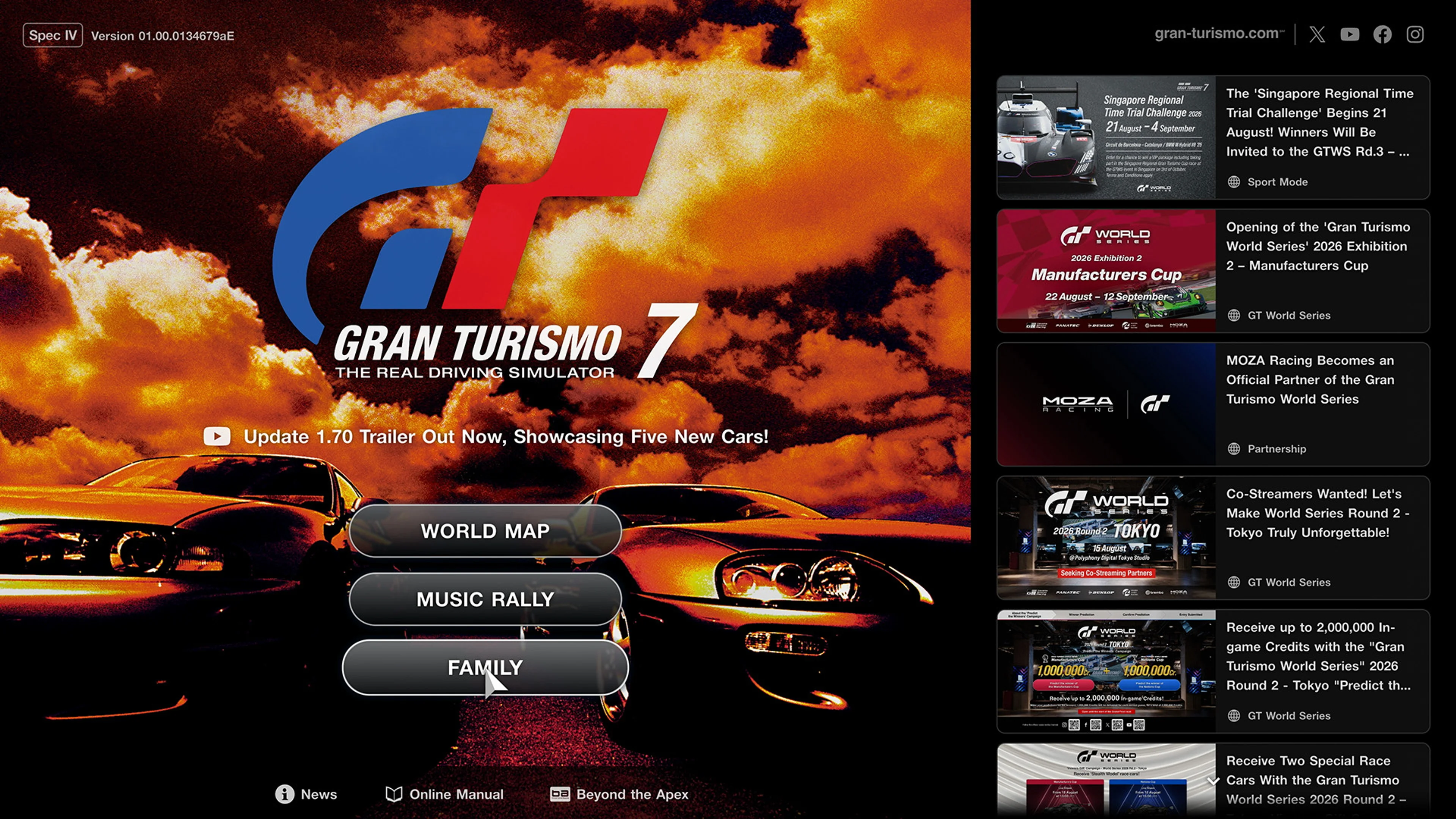 The Gran Turismo 7 menu shows World Map, Music Rally and the new Family Mode.