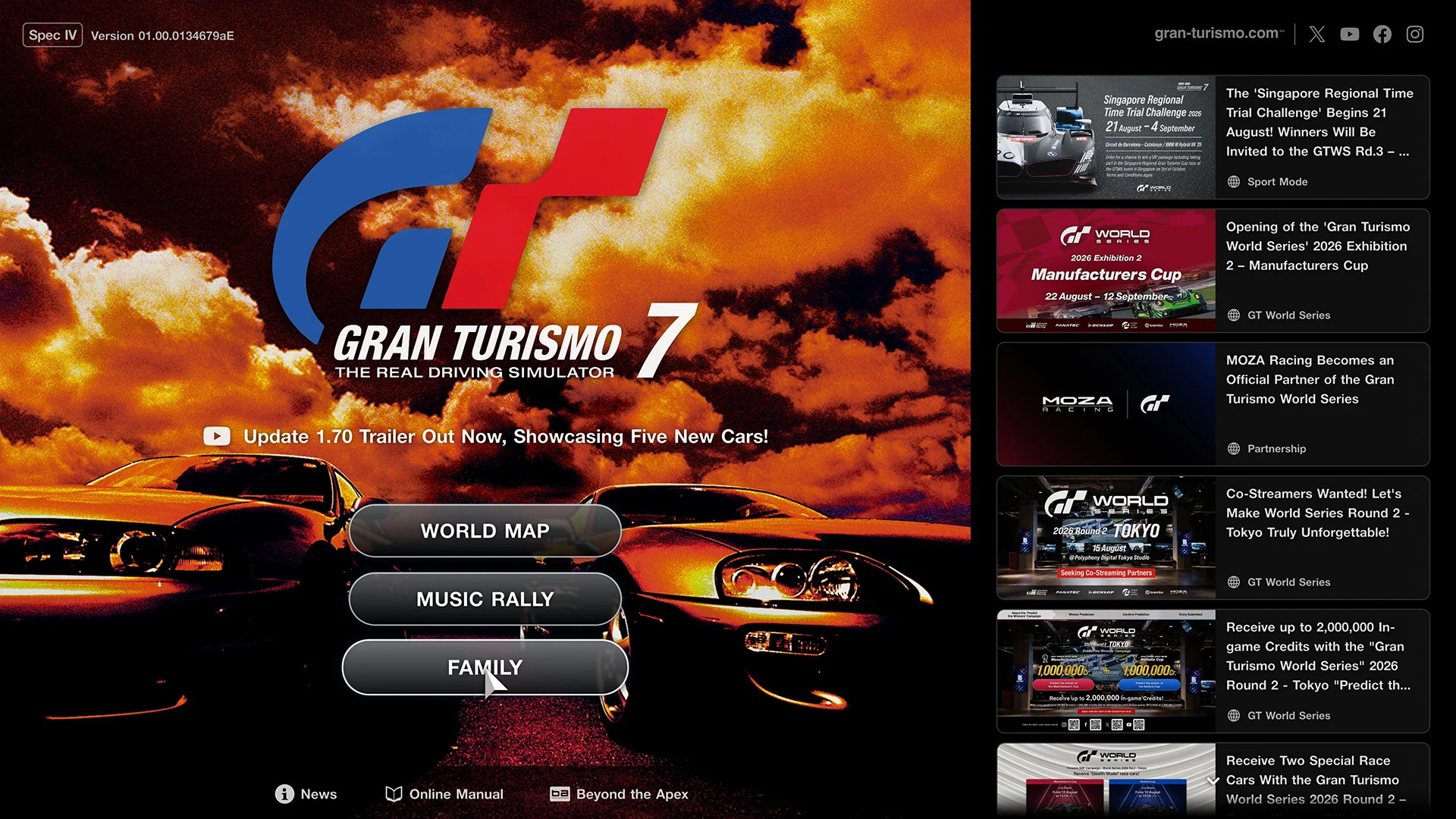 The Gran Turismo 7 menu shows World Map, Music Rally and the new Family Mode.