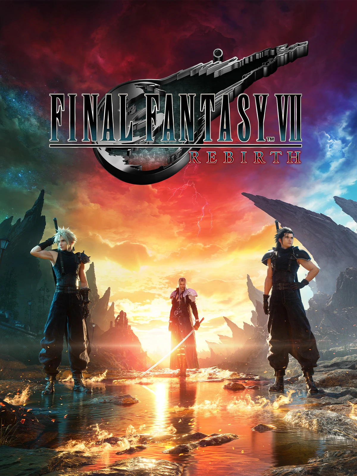 Official Final Fantasy VII Rebirth cover with Cloud and his companions against a glowing sky and the game logo.