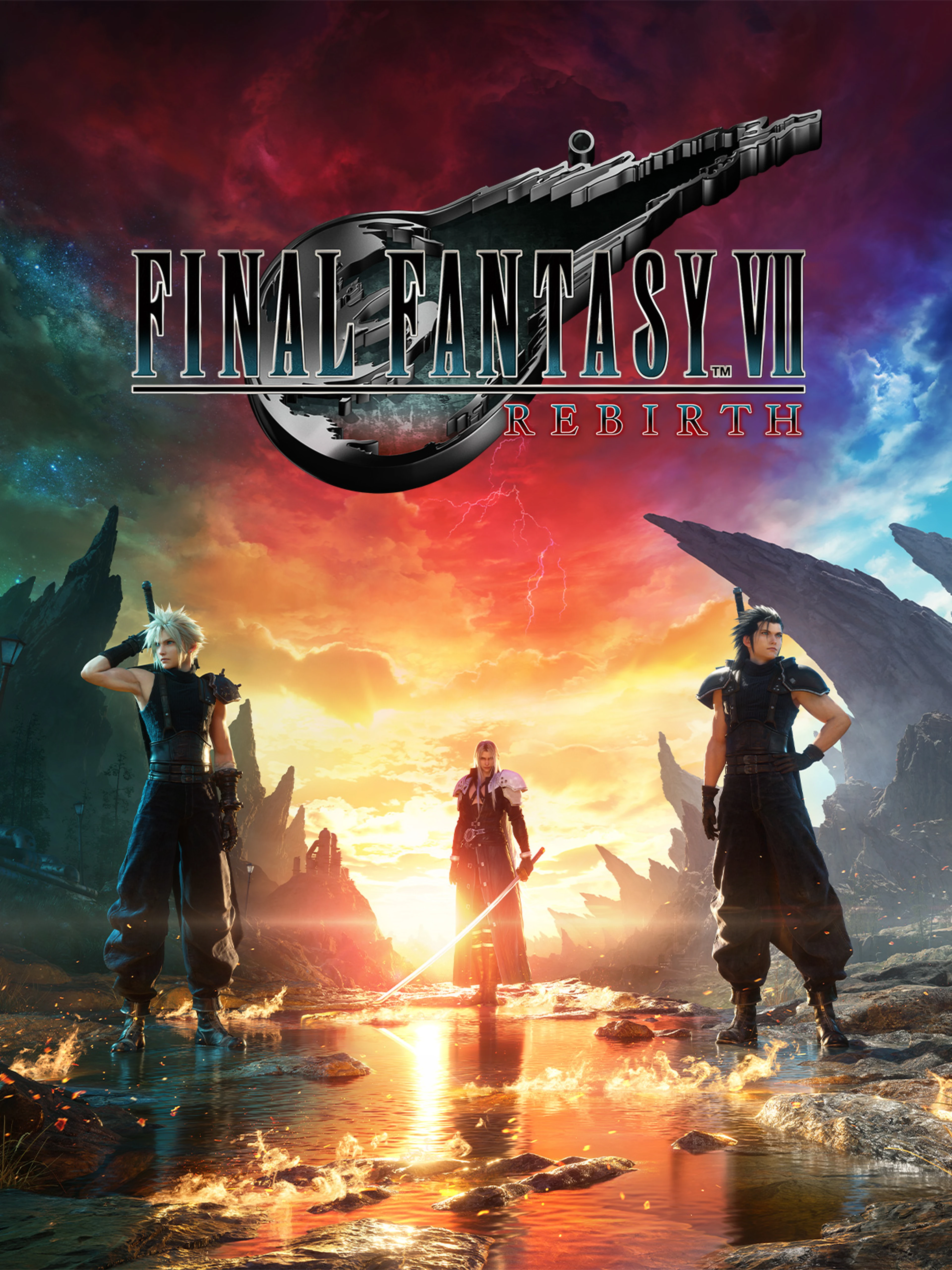 Official Final Fantasy VII Rebirth cover with Cloud and his companions against a glowing sky and the game logo.