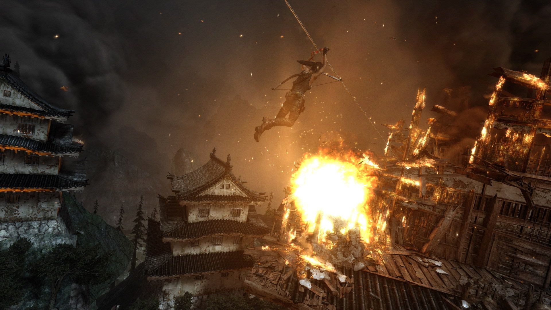Lara looks toward burning buildings on the island.