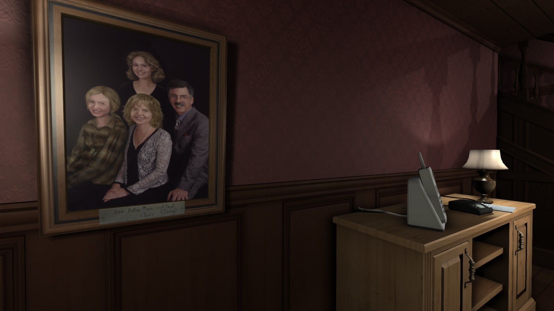 A framed portrait of the Greenbriar family hangs above a small table.