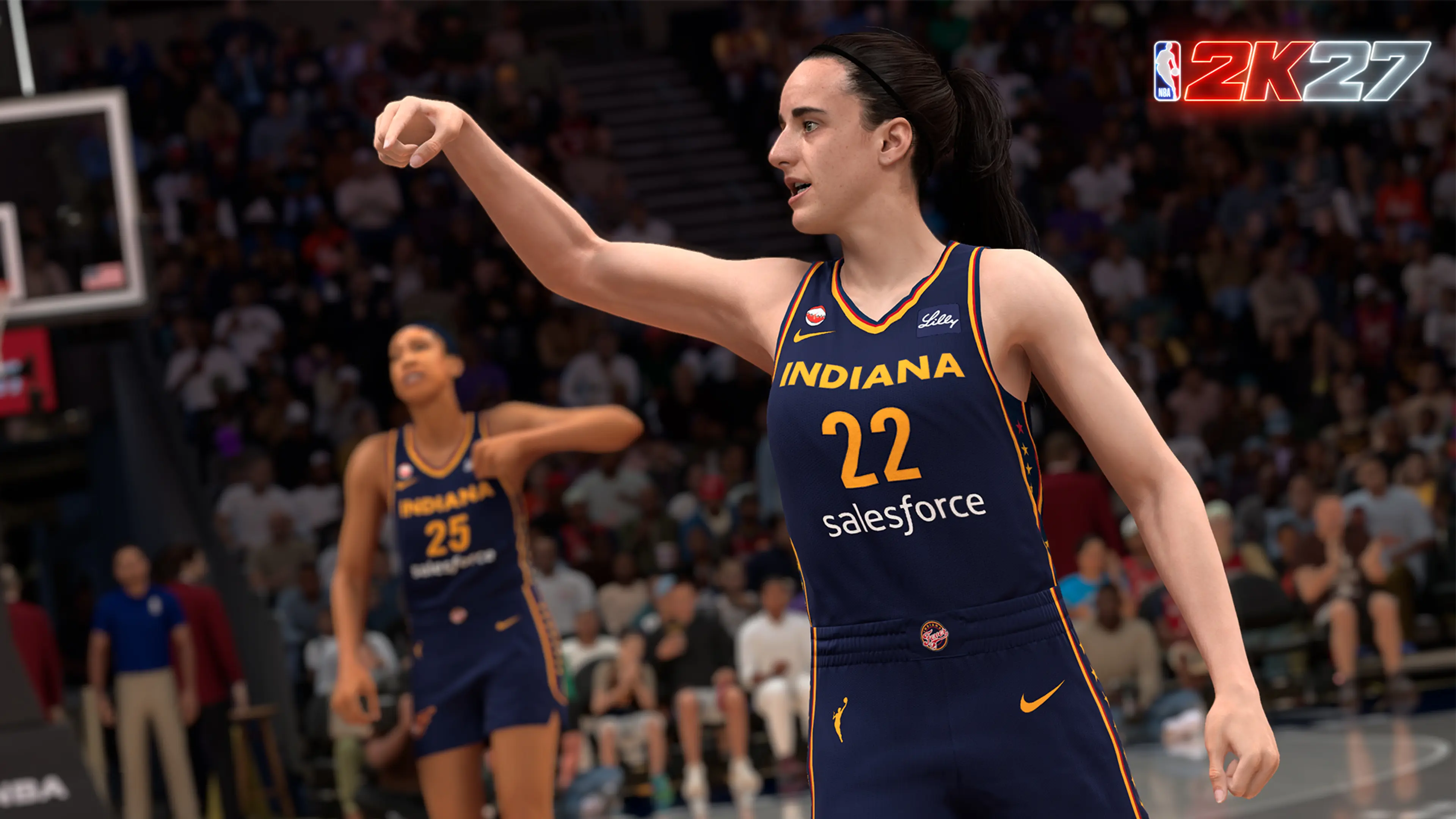 Caitlin Clark points toward a teammate during an Indiana Fever game in NBA 2K27.