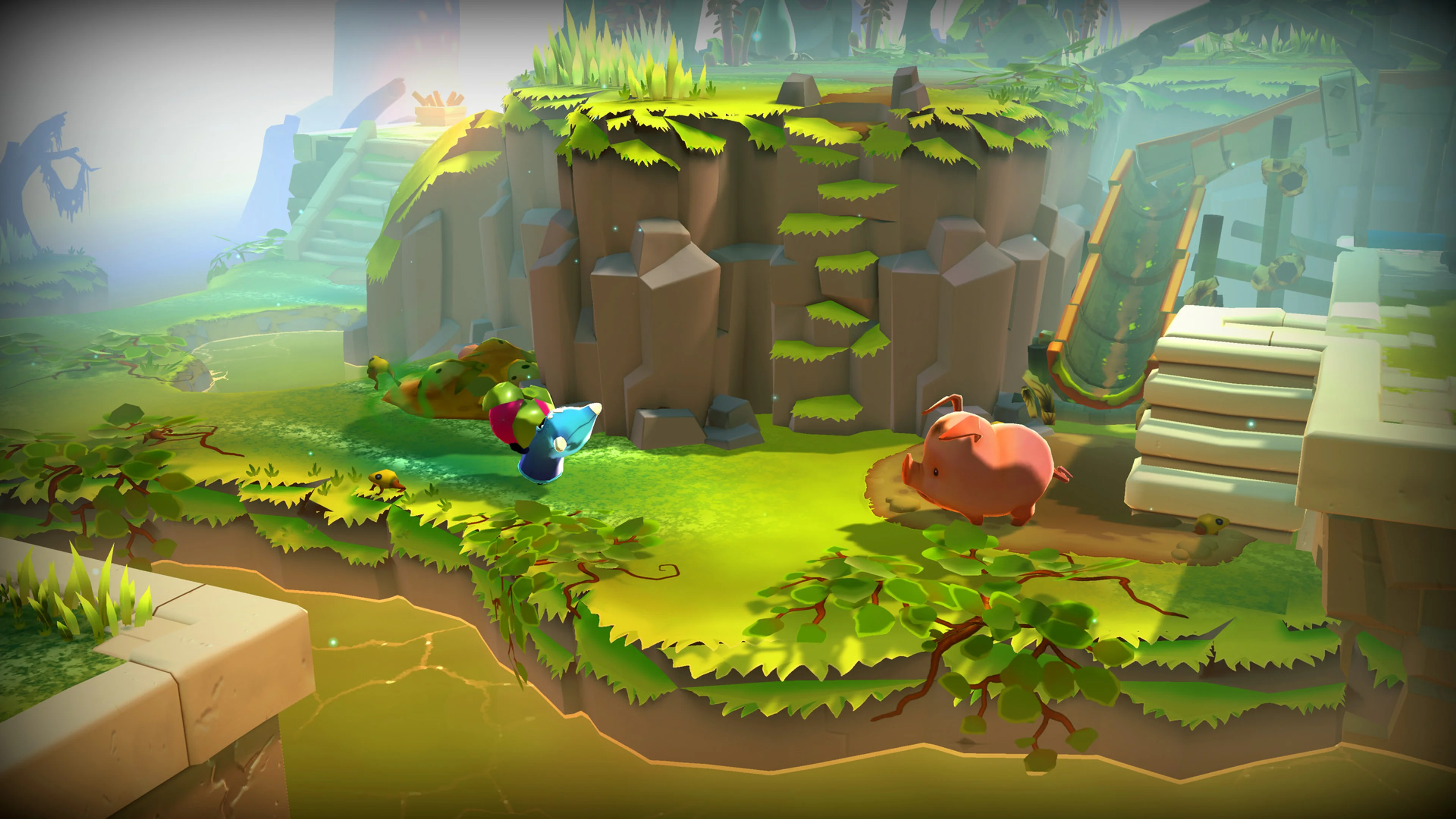 Ember walks beside grassy stone terraces and stairs in The Last Campfire.