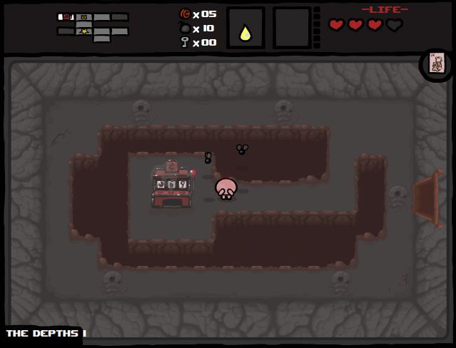 Isaac beside a machine in a narrow Depths room bordered by pits.