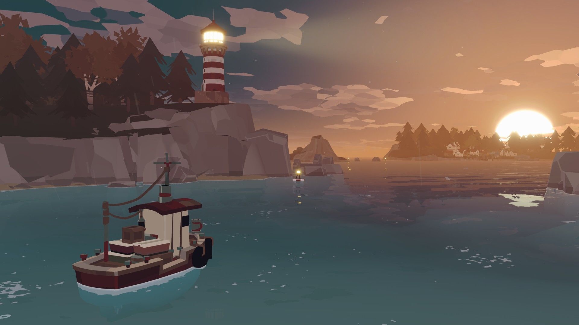 A fishing boat approaches a lighthouse and coastal town near sunset.
