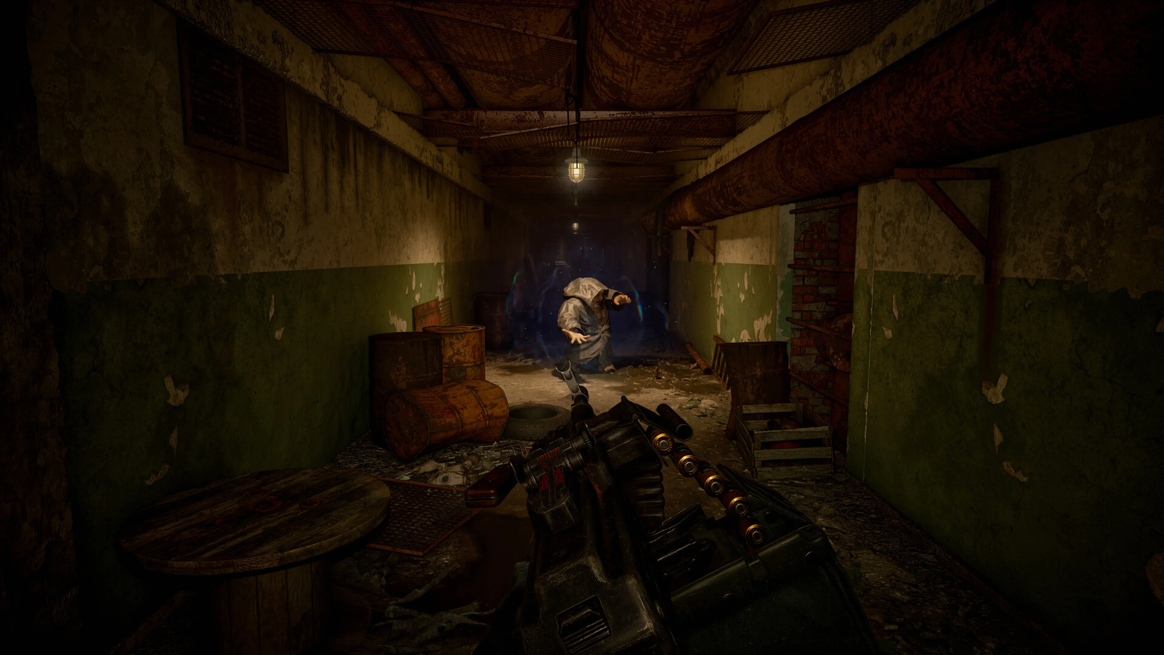 A stalker aiming a machine gun at a mutant inside a narrow corridor in S.T.A.L.K.E.R. 2.