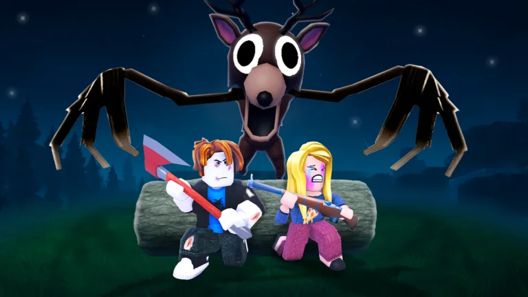 Two Roblox survivors facing the Deer in a dark forest