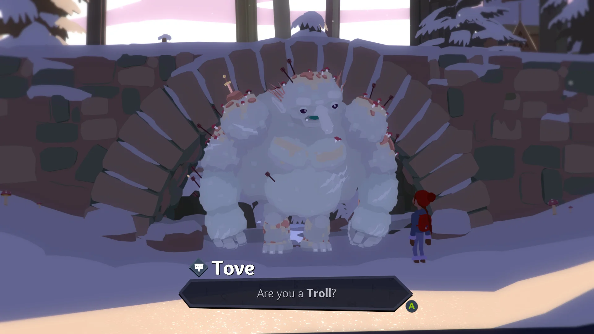 Tove speaks to a large white creature beneath a stone bridge in Röki.