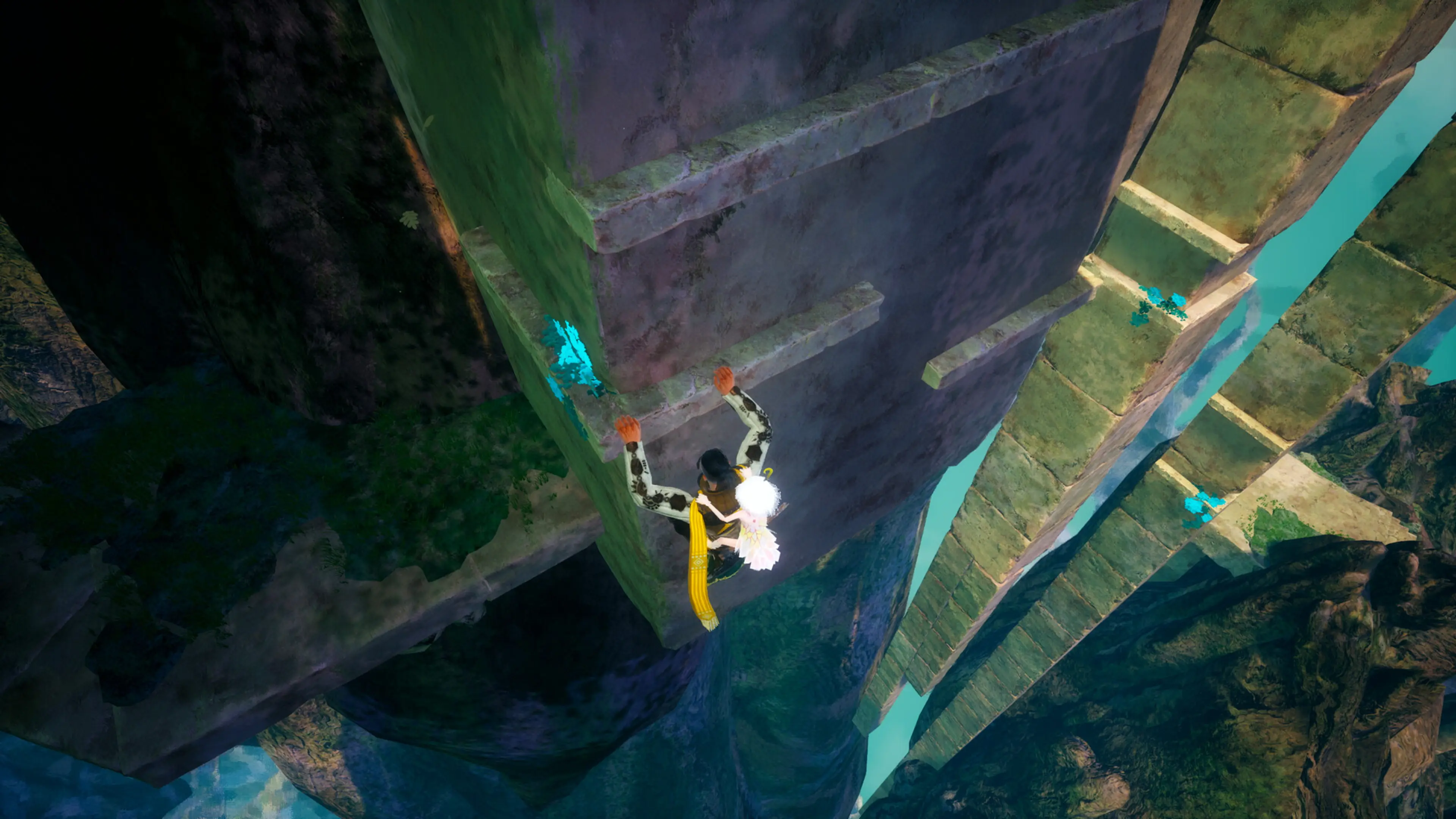 The soldier carries the Fell Child while climbing a vertical ruin in Where the Seeds Fall.