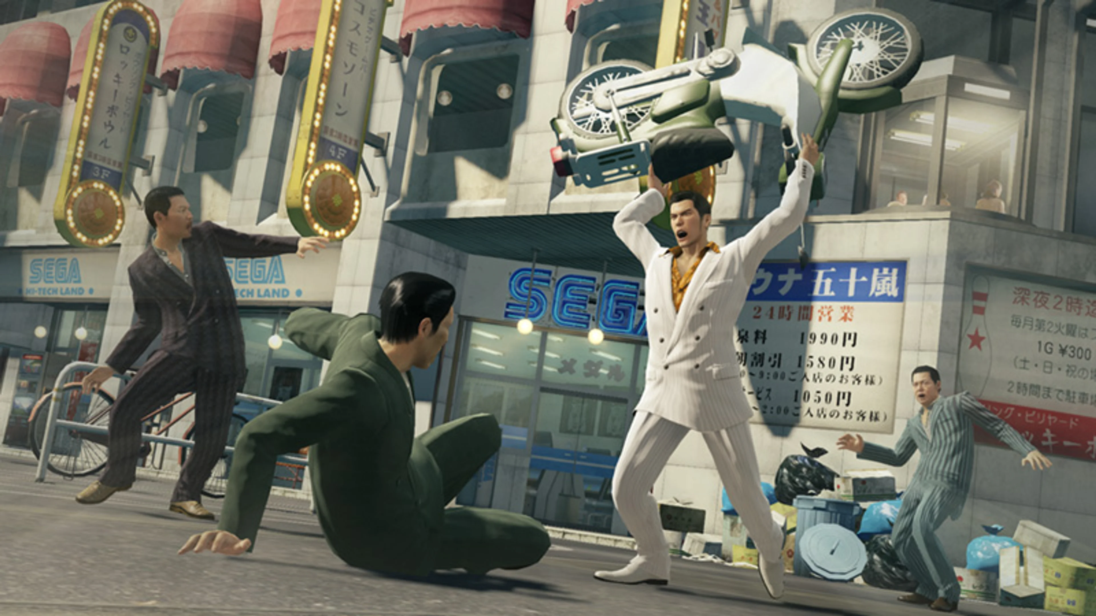 Official SEGA Yakuza 0 gameplay screenshot of Kiryu lifting a motorcycle over his head in Beast style on a city street.