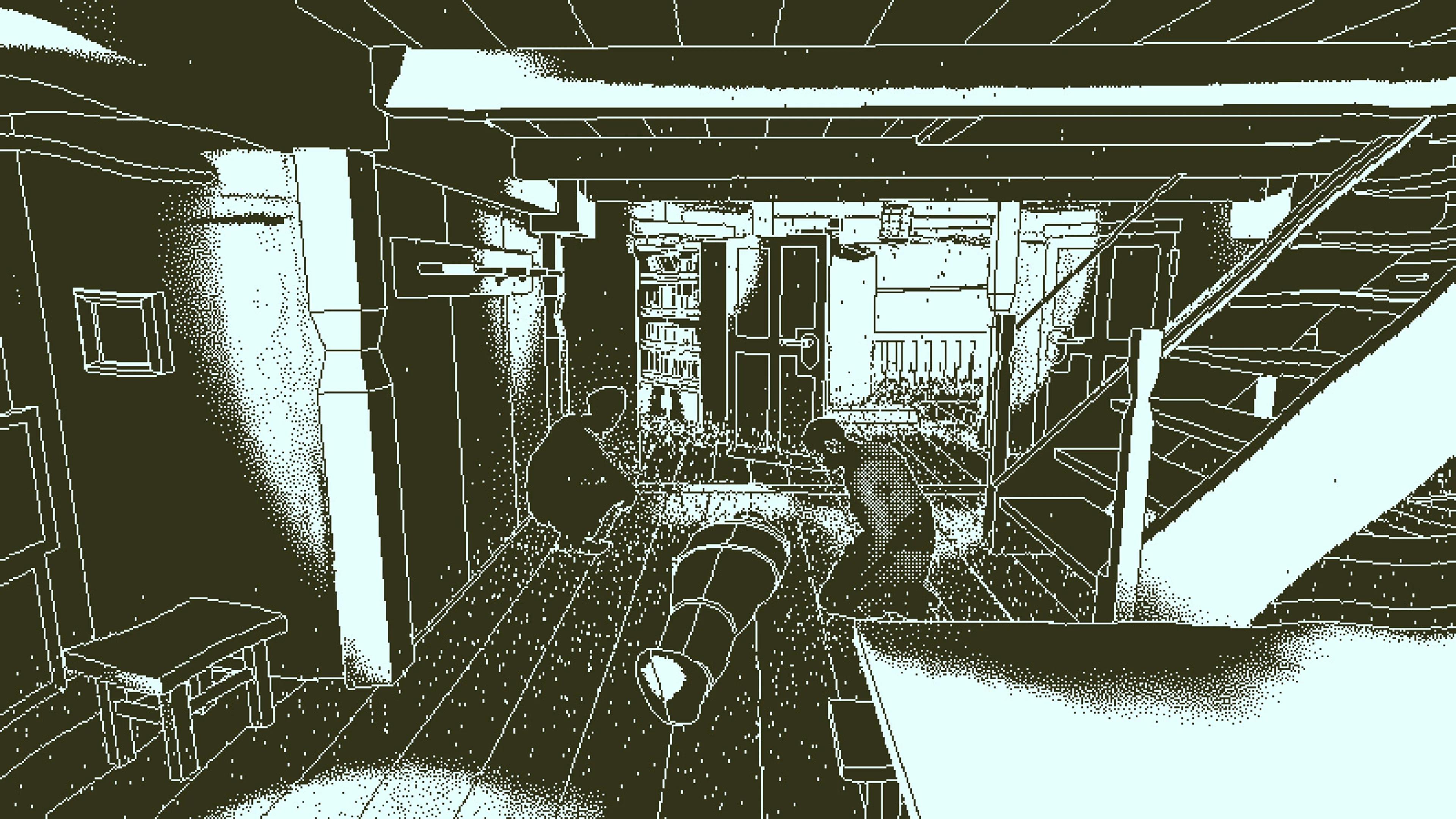 A narrow lower-deck passage opens toward a cabin and equipment in monochrome outline.
