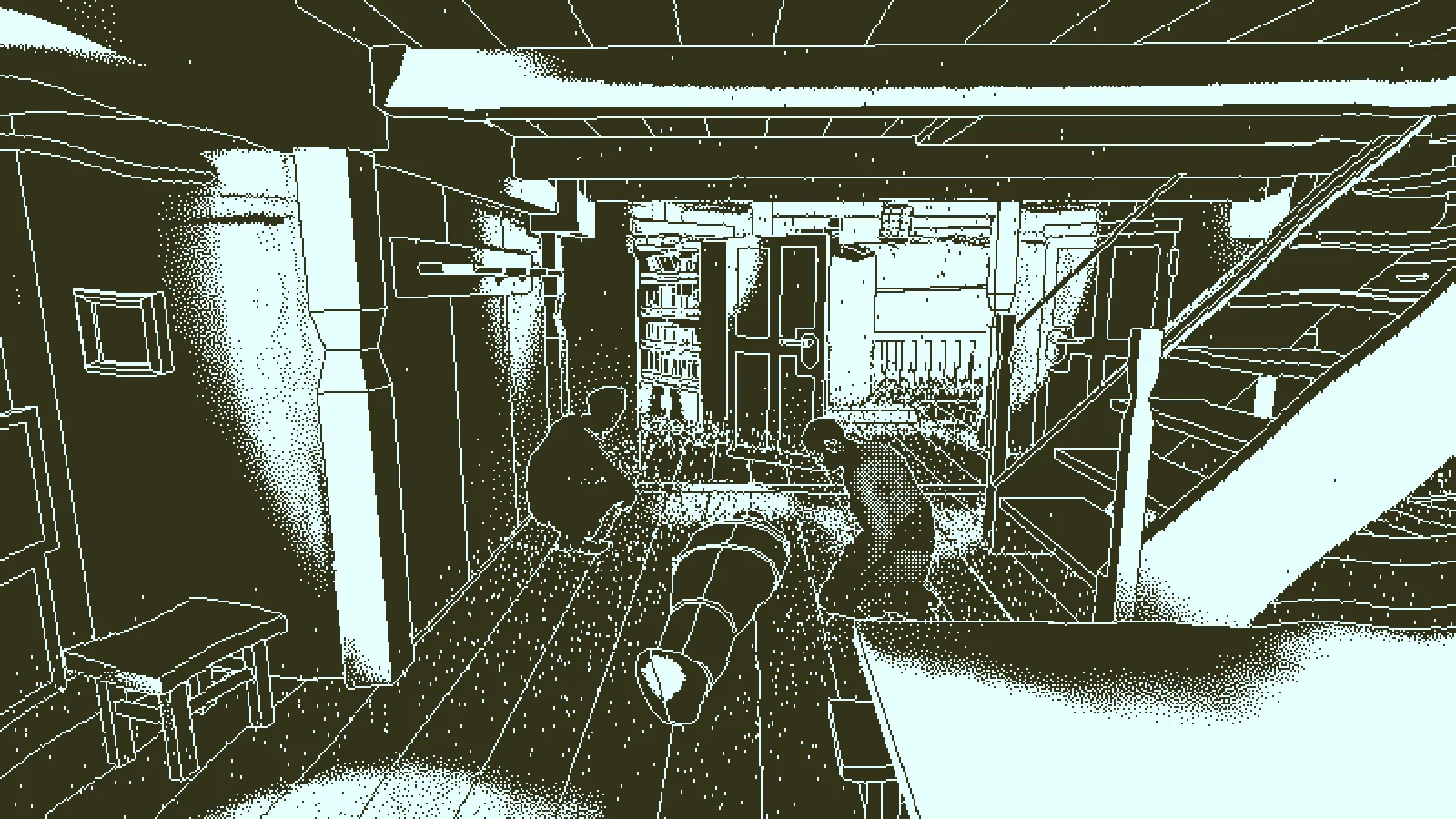 A narrow lower-deck passage opens toward a cabin and equipment in monochrome outline.