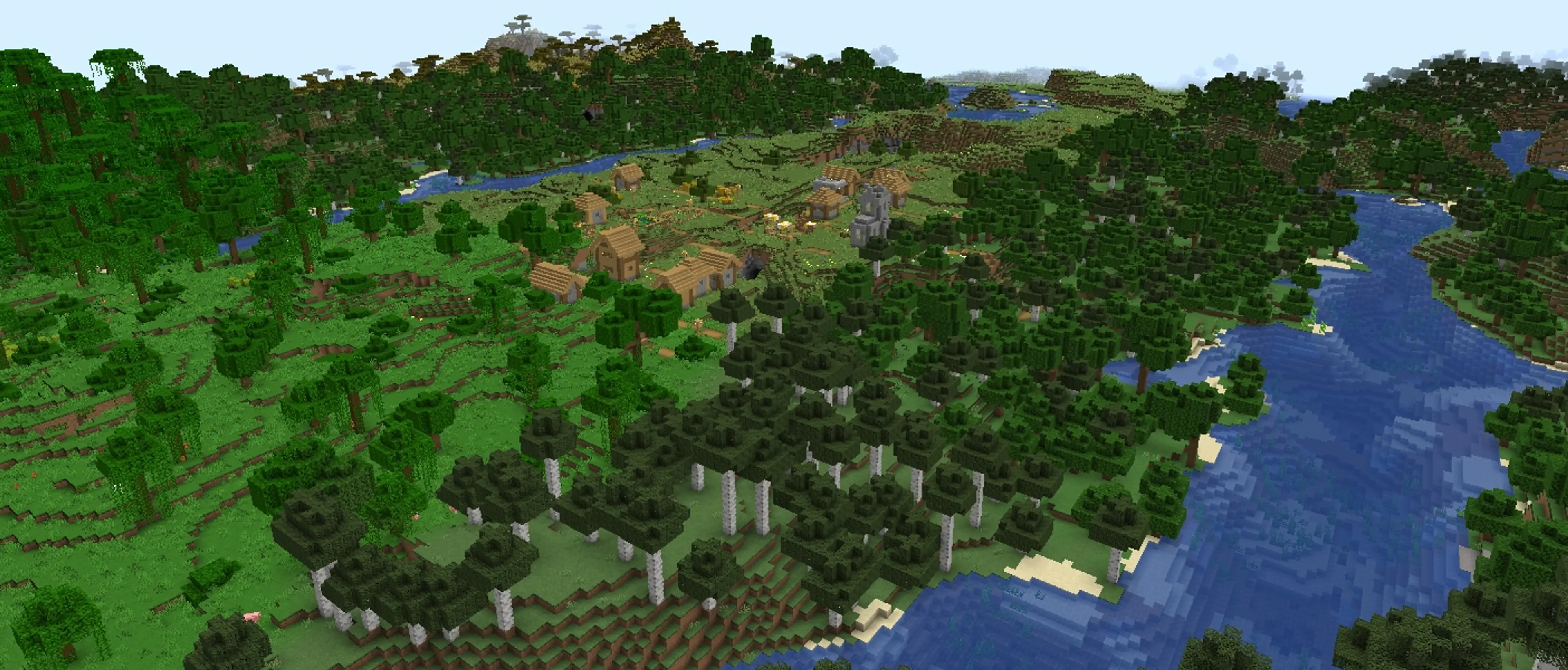 A Minecraft player exploring a wide Overworld landscape far from home.