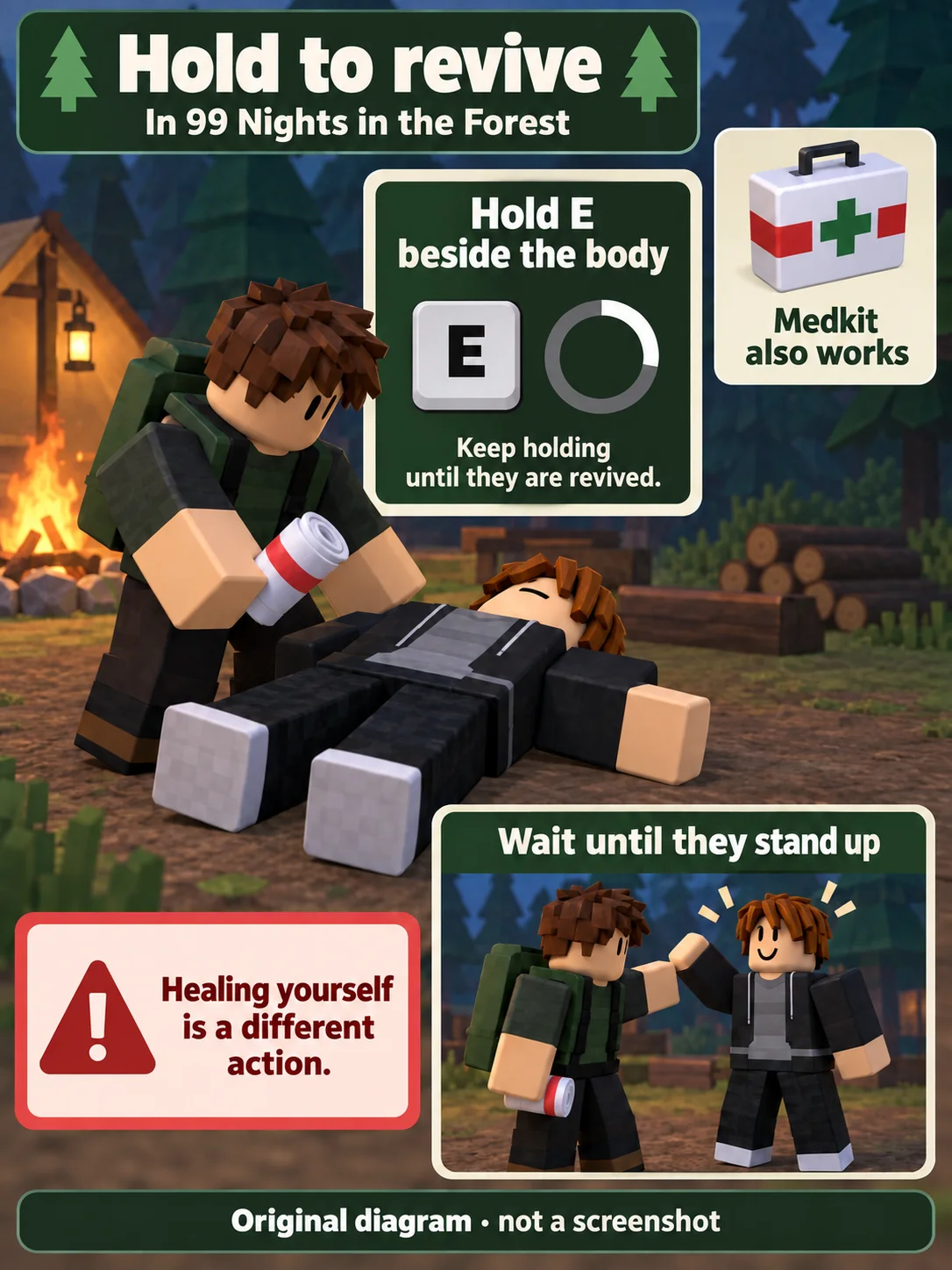 Player beside a fallen teammate holds the white red-banded Bandage, then the teammate stands after revival.