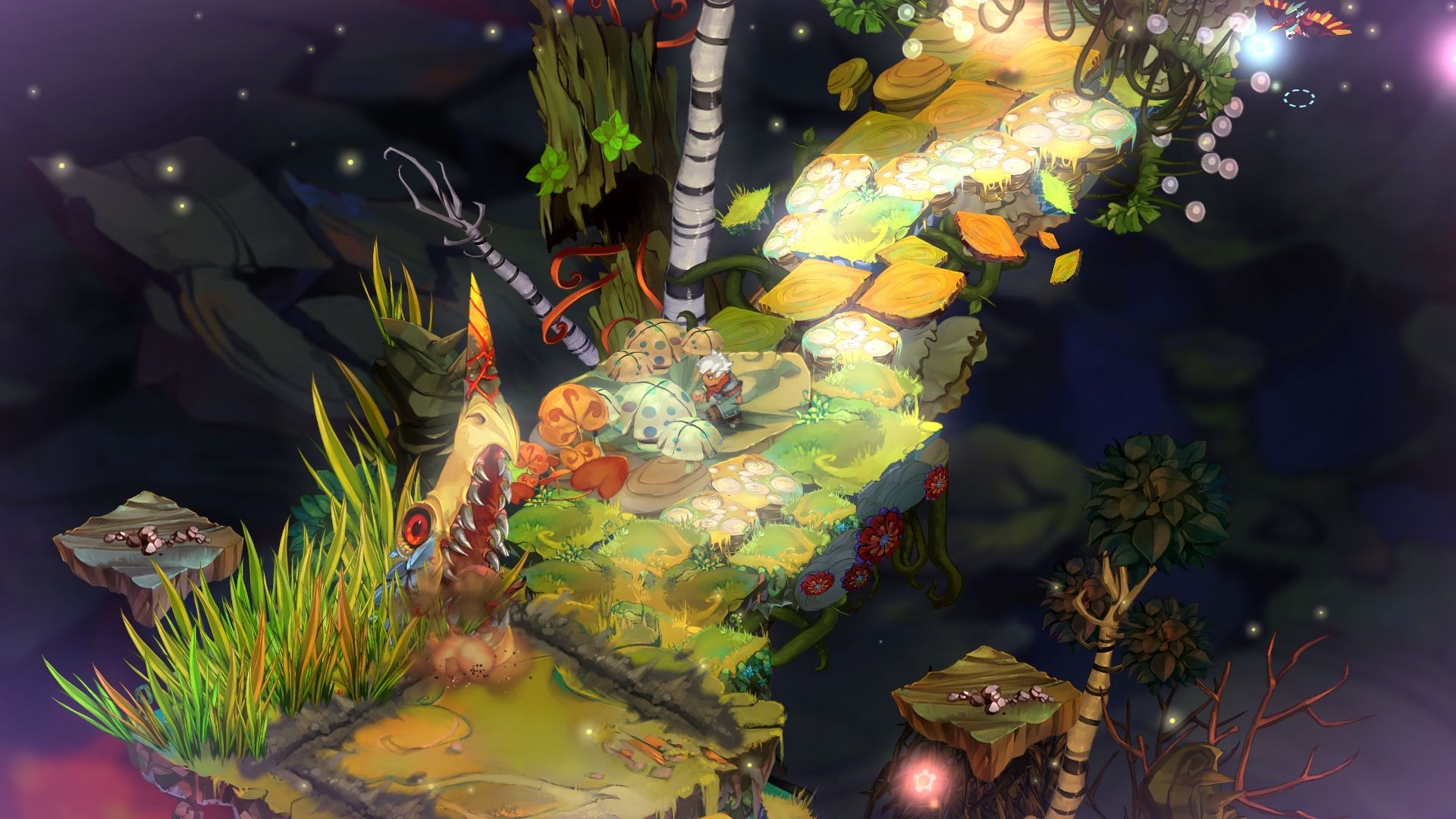 The Kid walks across a path of glowing plants in a dark Bastion environment.