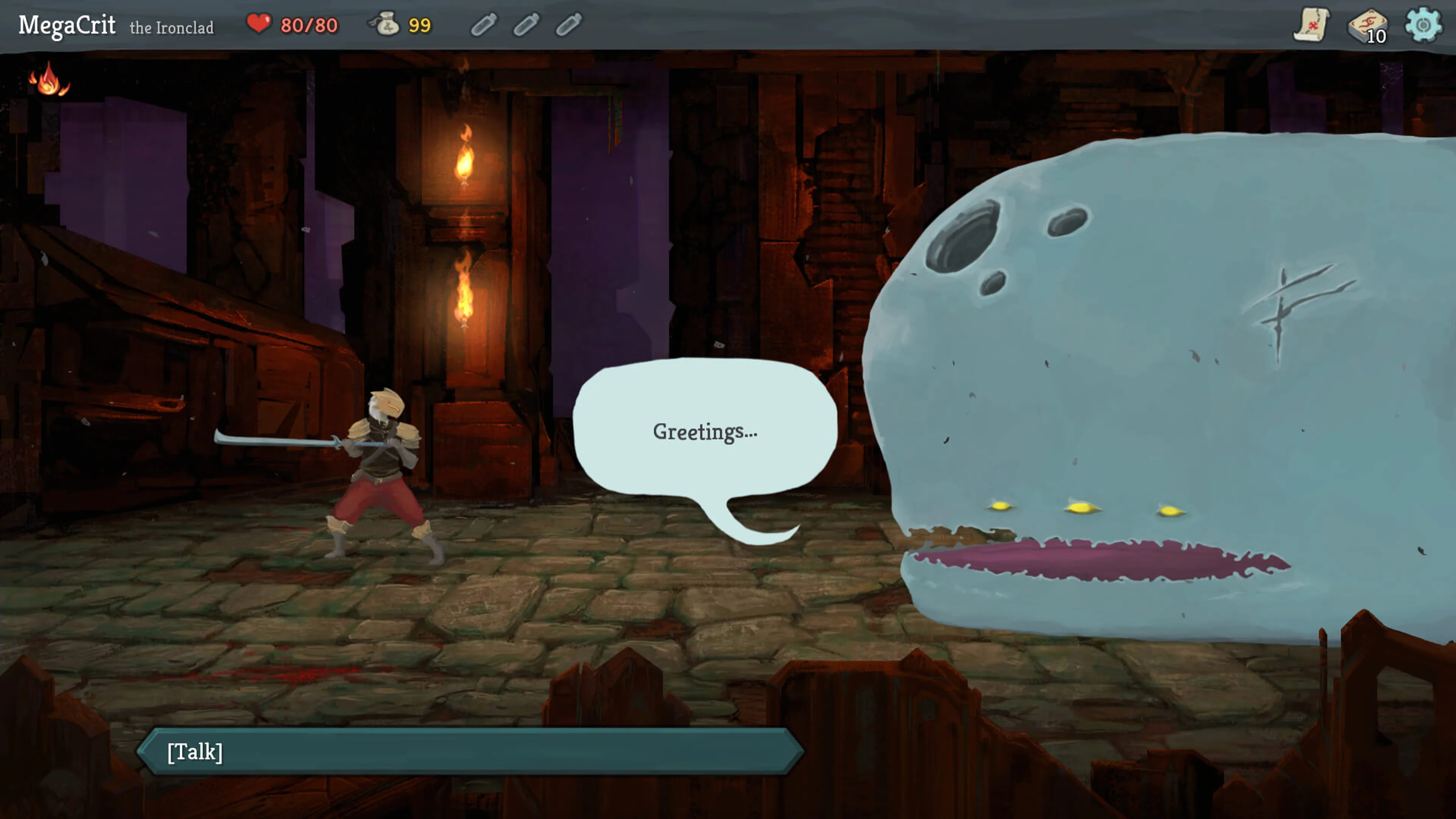 The blue whale Neow fills the right side of a Slay the Spire conversation screen; a Talk choice appears along the bottom.