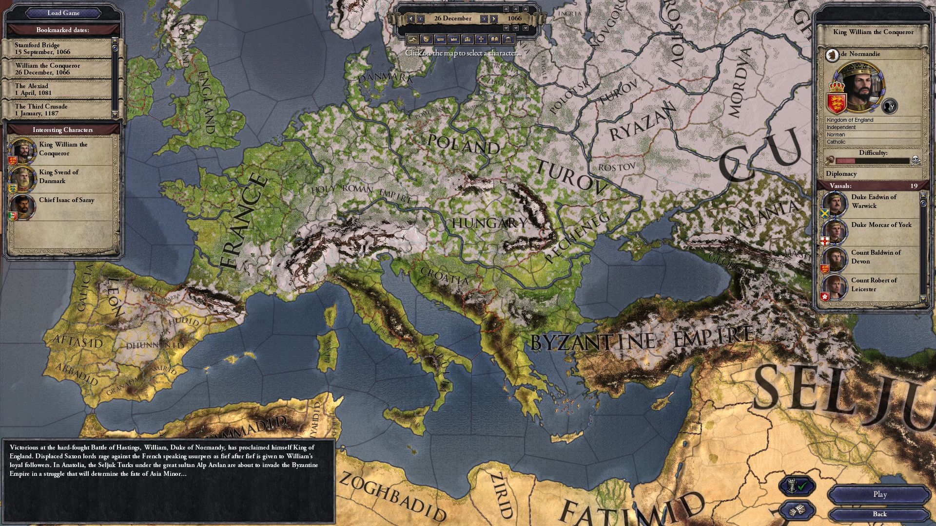 Crusader Kings II start screen with a map of Europe and a panel for William the Conqueror.