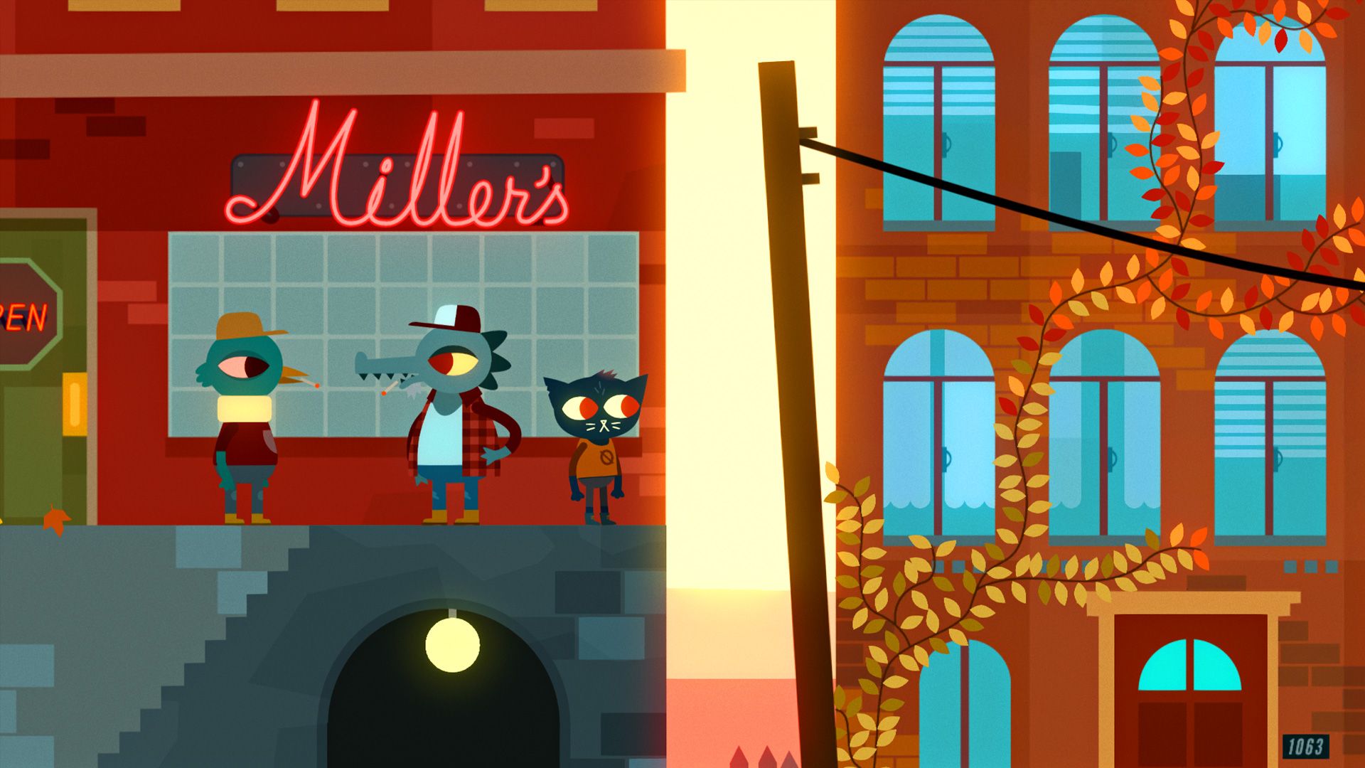 Mae and other animal characters stand outside a shop on a town street.