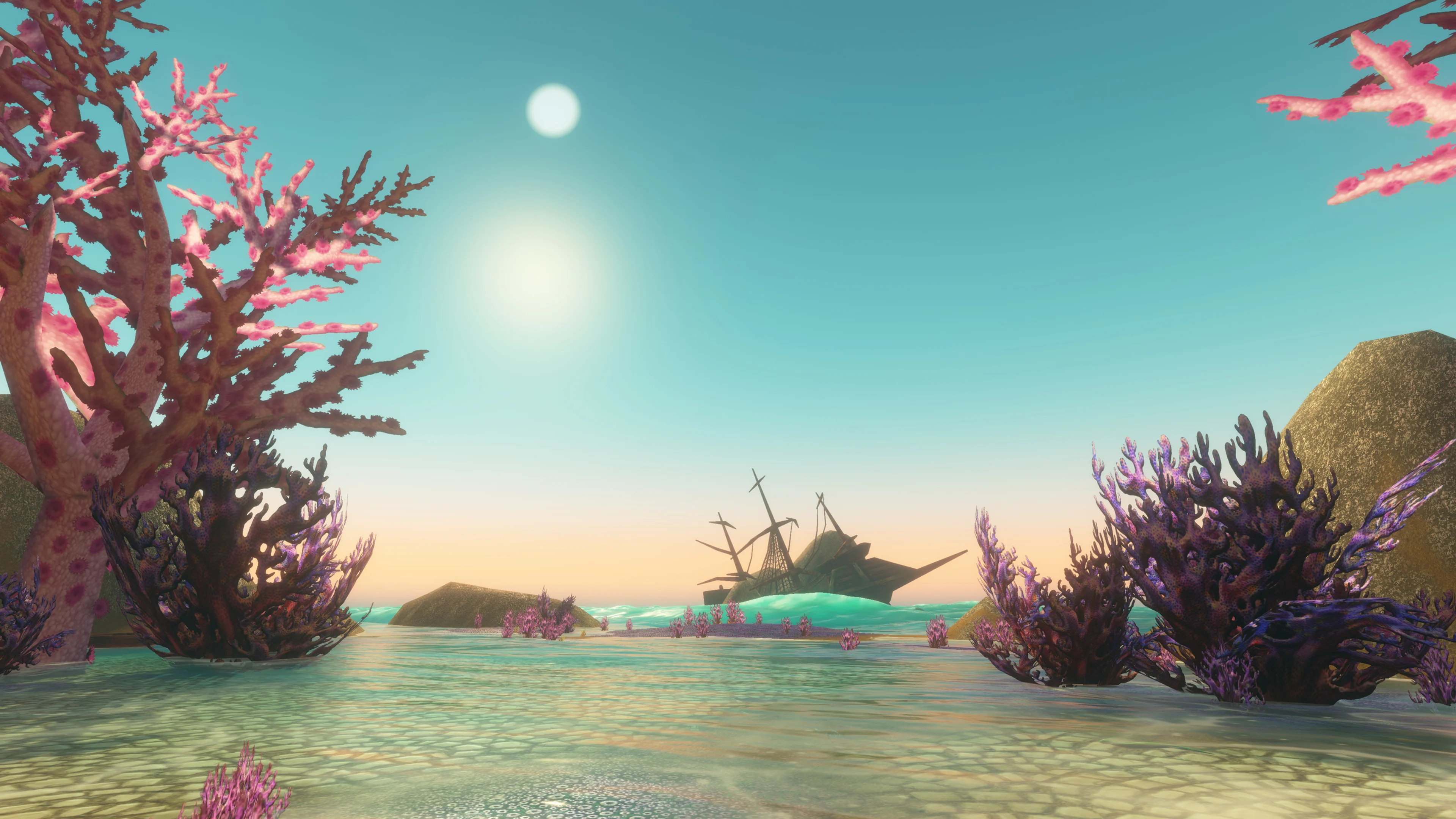 Bright coral surrounds a shipwreck in the Drowned City dungeon in World of Warcraft: Forever.