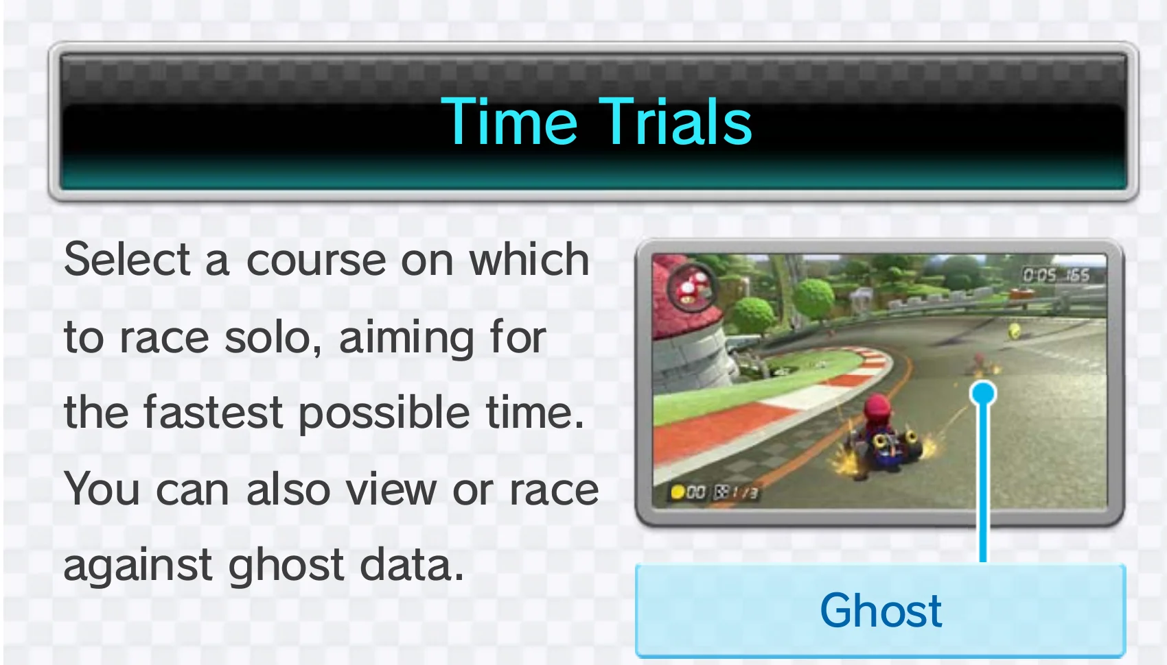 Official Mario Kart 8 Wii U manual section labeled Time Trials, with Mario driving a bend and a Ghost label pointing to another racer.