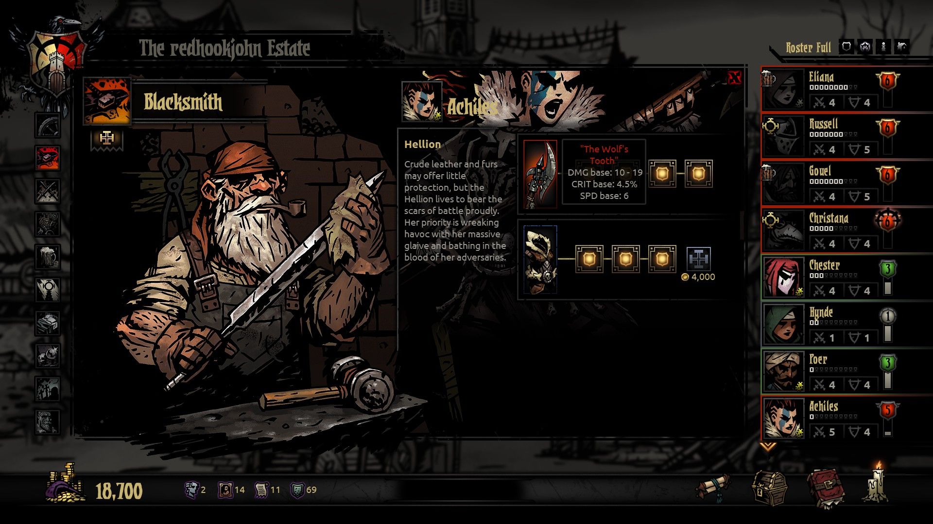 The Blacksmith stands beside an equipment upgrade panel in town.