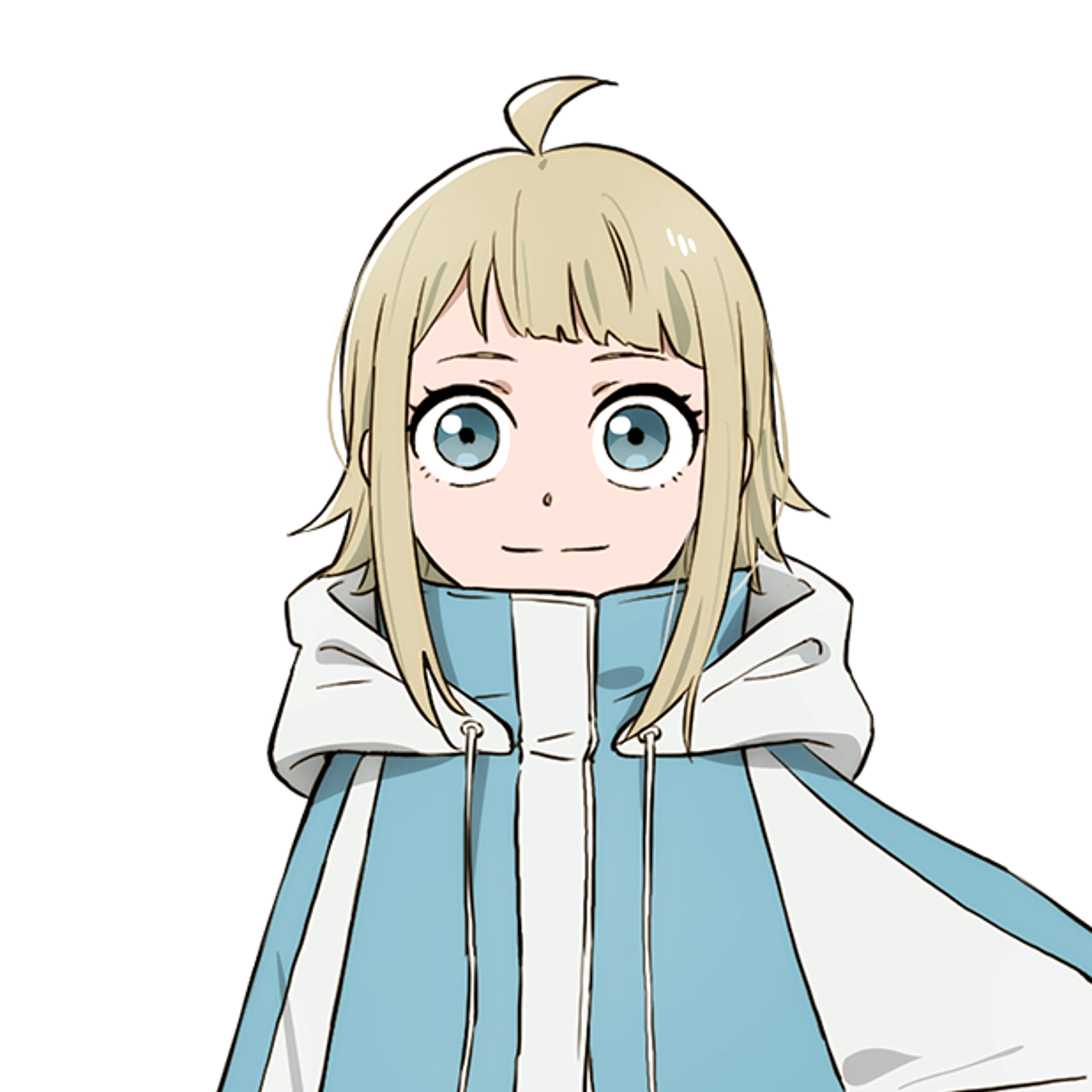 Char Kyonagi stands in her blue-and-white coat in the official Kagurabachi anime character art.