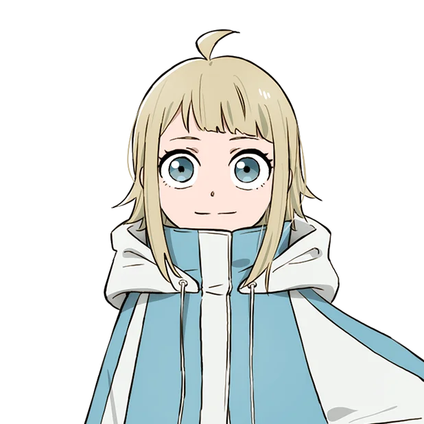 Char Kyonagi stands in her blue-and-white coat in the official Kagurabachi anime character art.