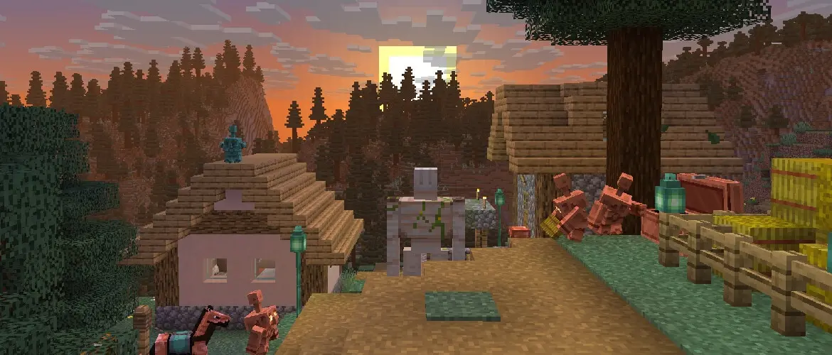 Copper golems sorting items near copper chests in a Minecraft village at sunset.