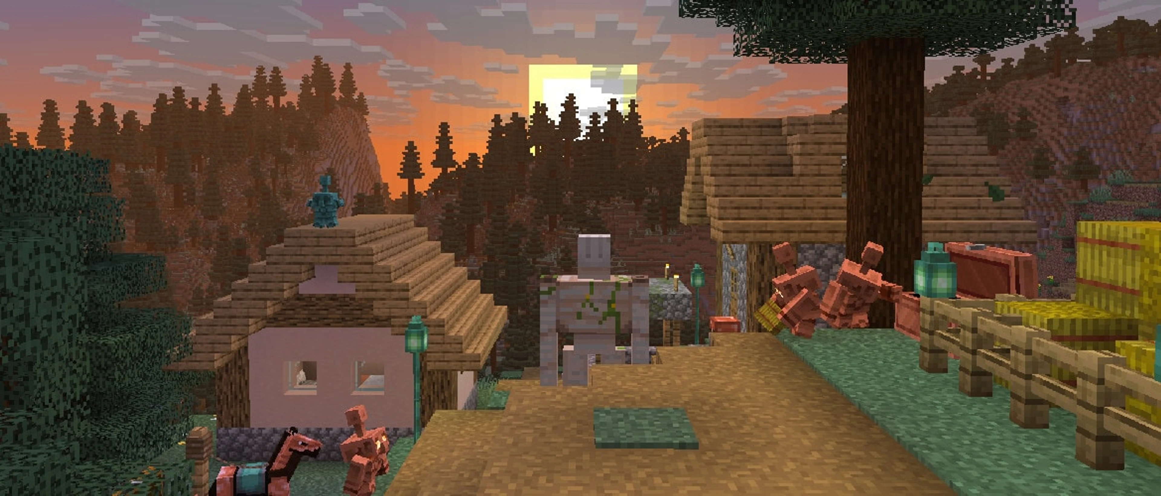 Copper golems sorting items near copper chests in a Minecraft village at sunset.