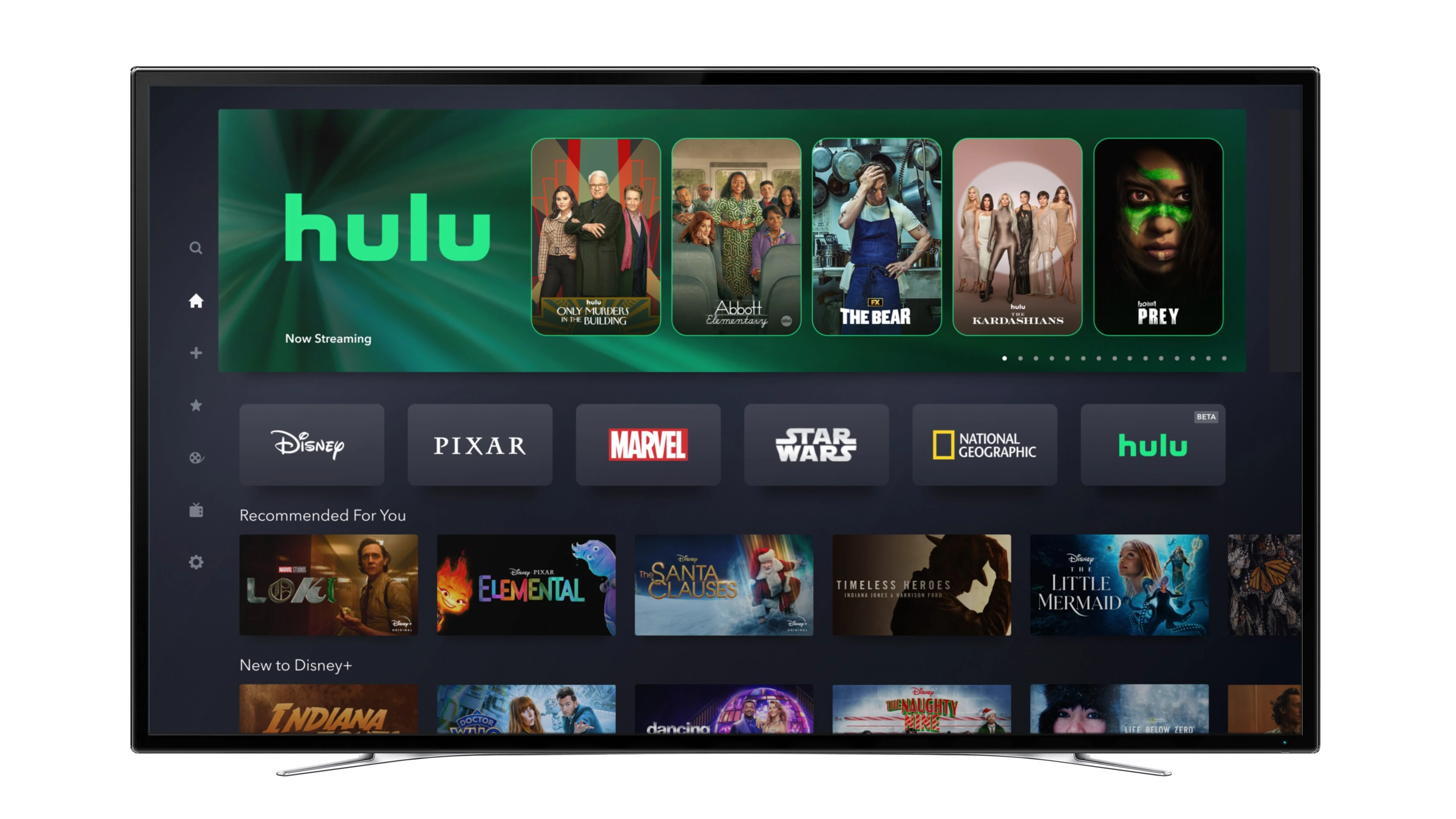 A television displays the Hulu hub inside the Disney+ app with rows of Disney and Hulu titles.