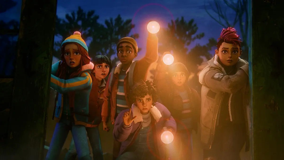 Six animated friends shine flashlights in a dark Hawkins forest.