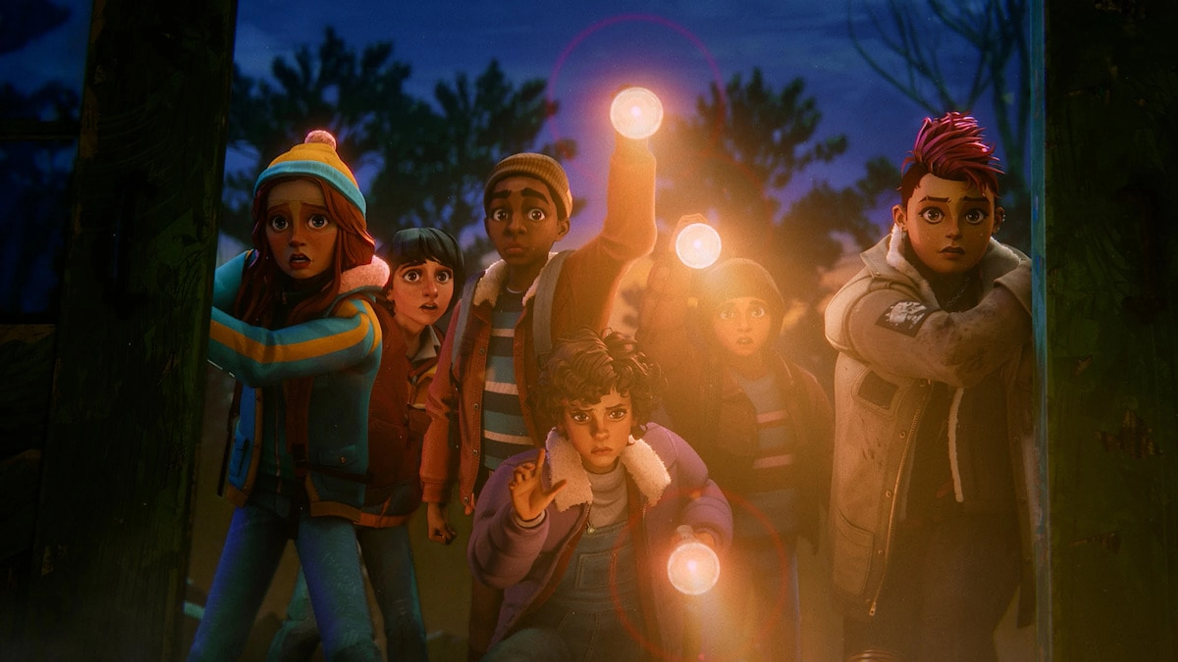 Six animated friends shine flashlights in a dark Hawkins forest.