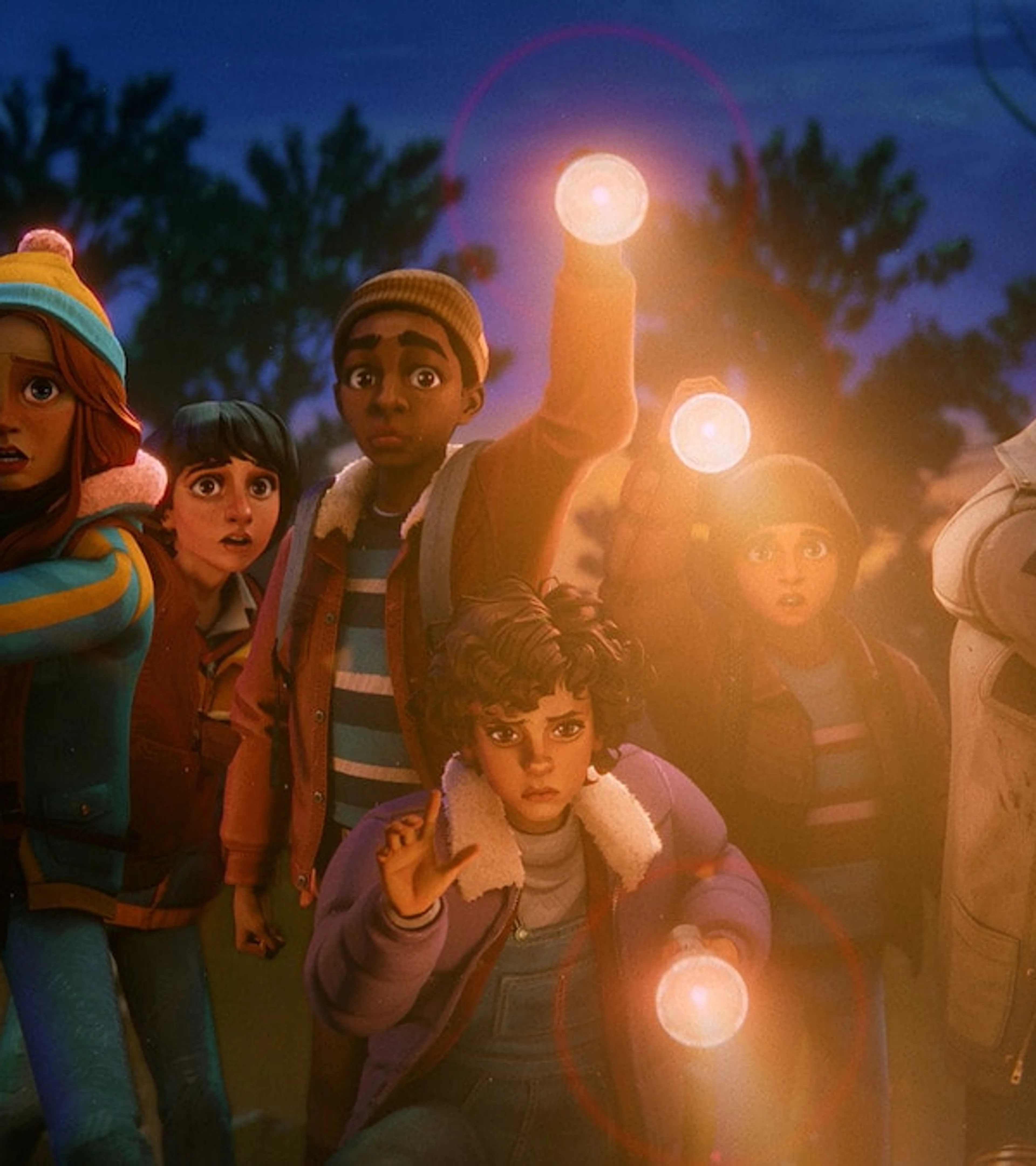 Six animated friends shine flashlights in a dark Hawkins forest.