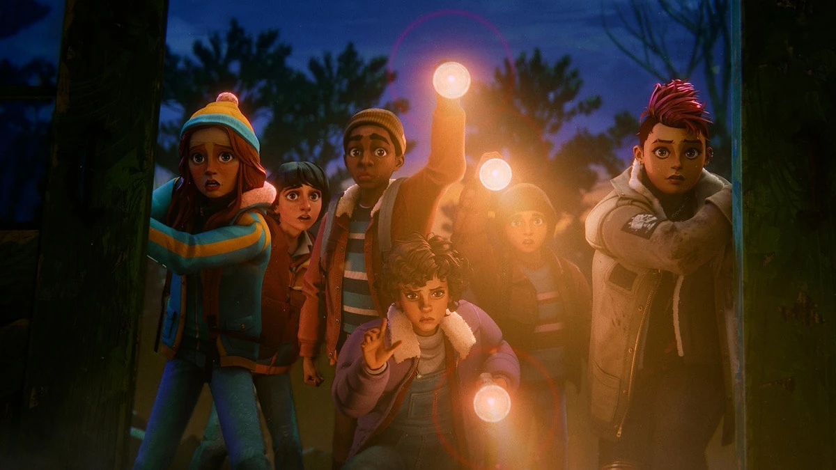 Six animated friends shine flashlights in a dark Hawkins forest.