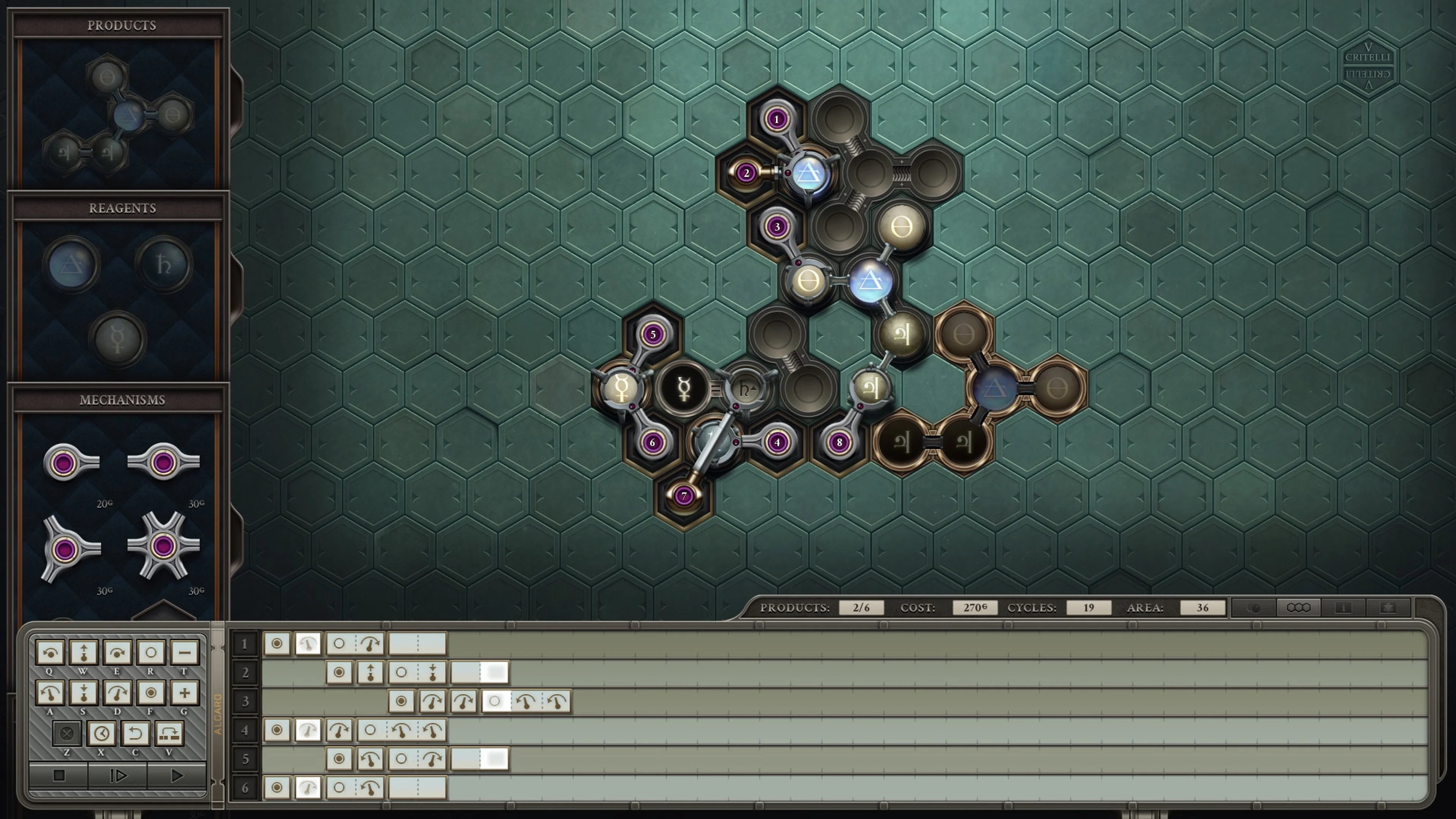 Programmable arms and alchemical glyphs form a machine on the hexagonal Opus Magnum board.