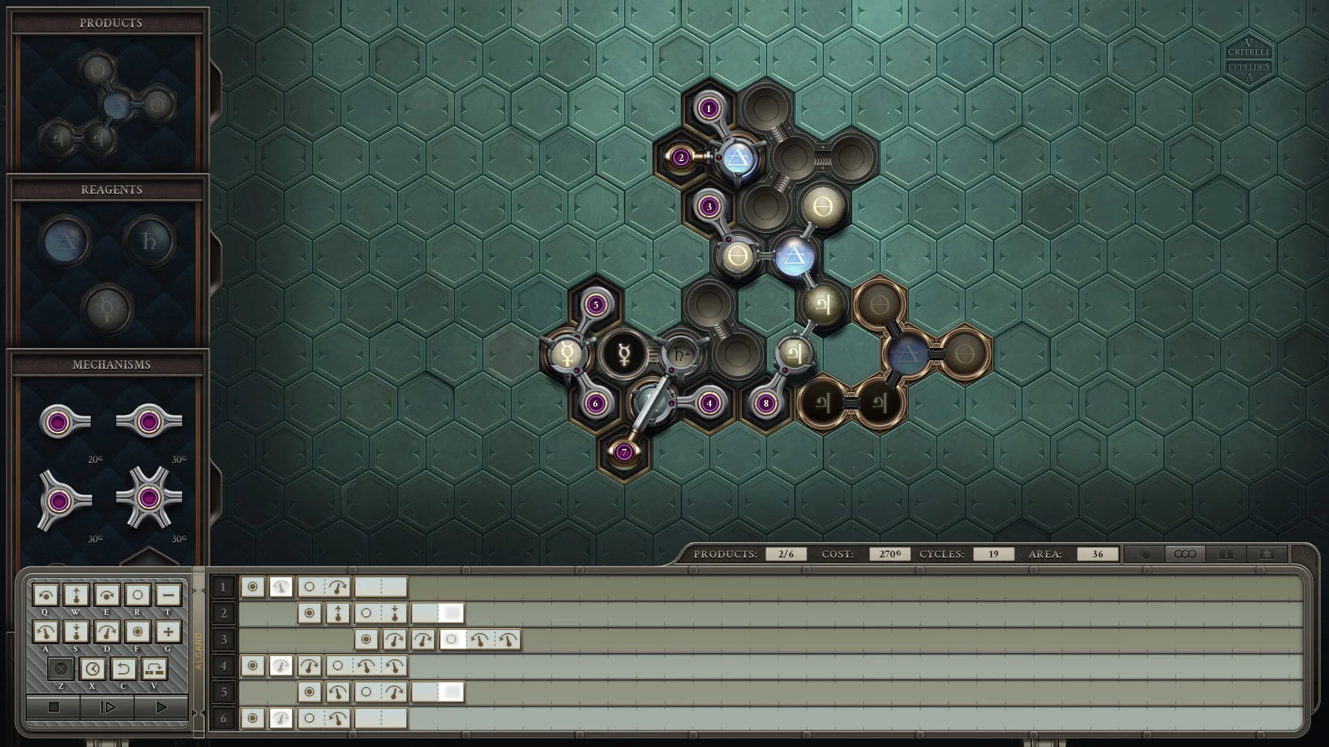 Programmable arms and alchemical glyphs form a machine on the hexagonal Opus Magnum board.