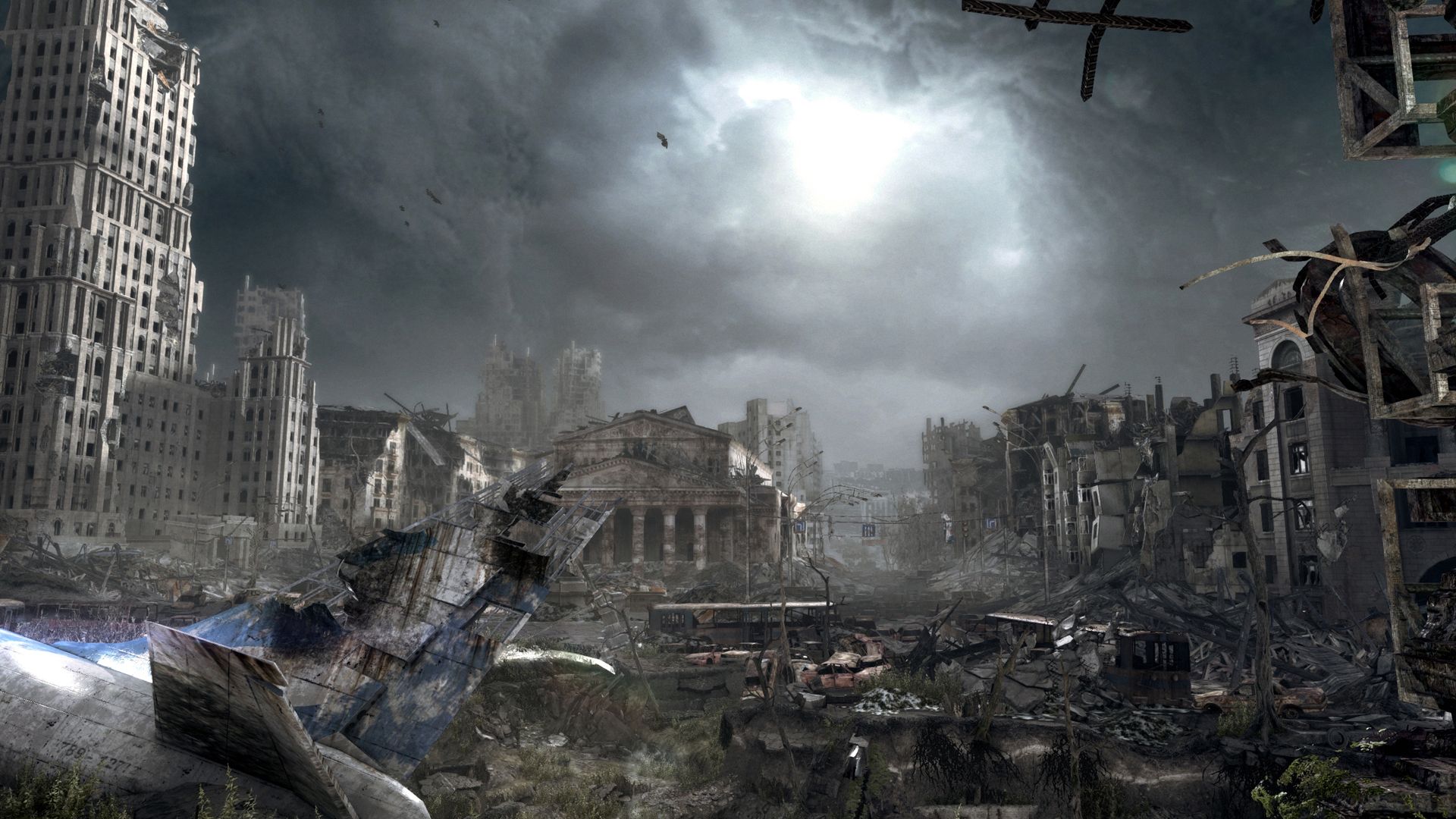 Ruined Moscow buildings and wreckage stretch beneath a stormy sky in Metro: Last Light Redux.