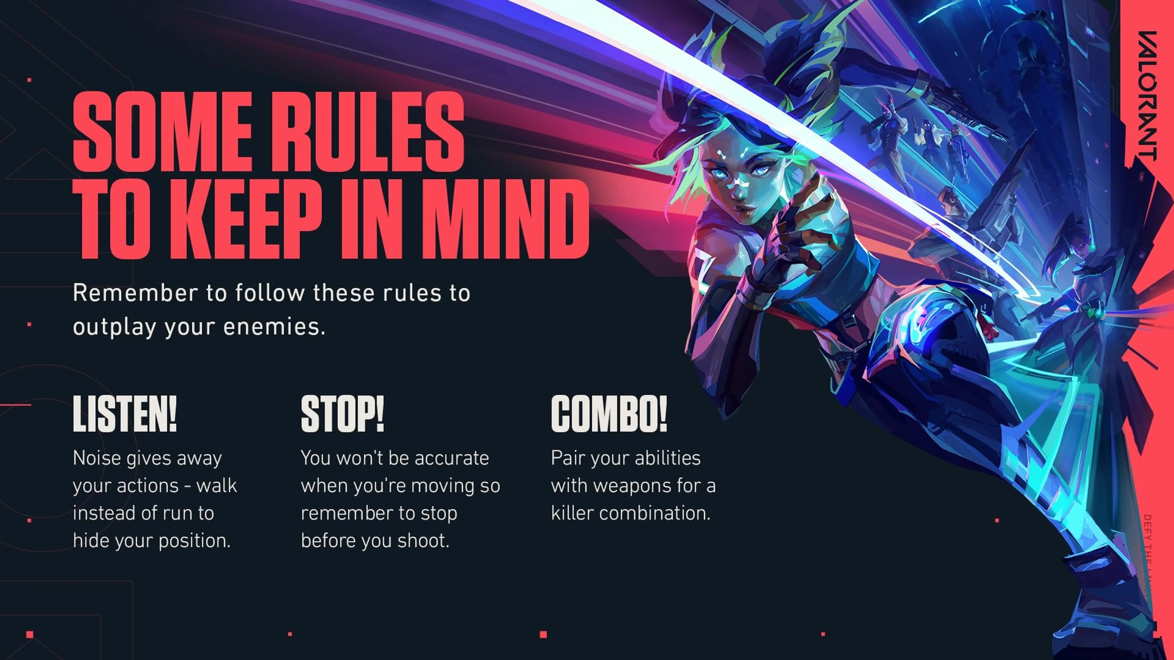 Valorant beginner graphic reminding players to stop before shooting