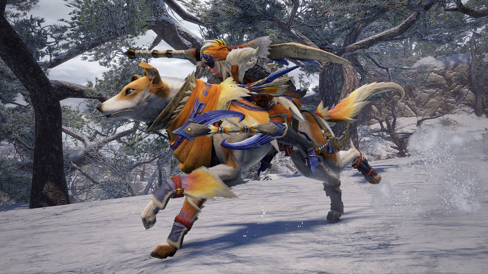 A hunter rides a Palamute through a snowy area.